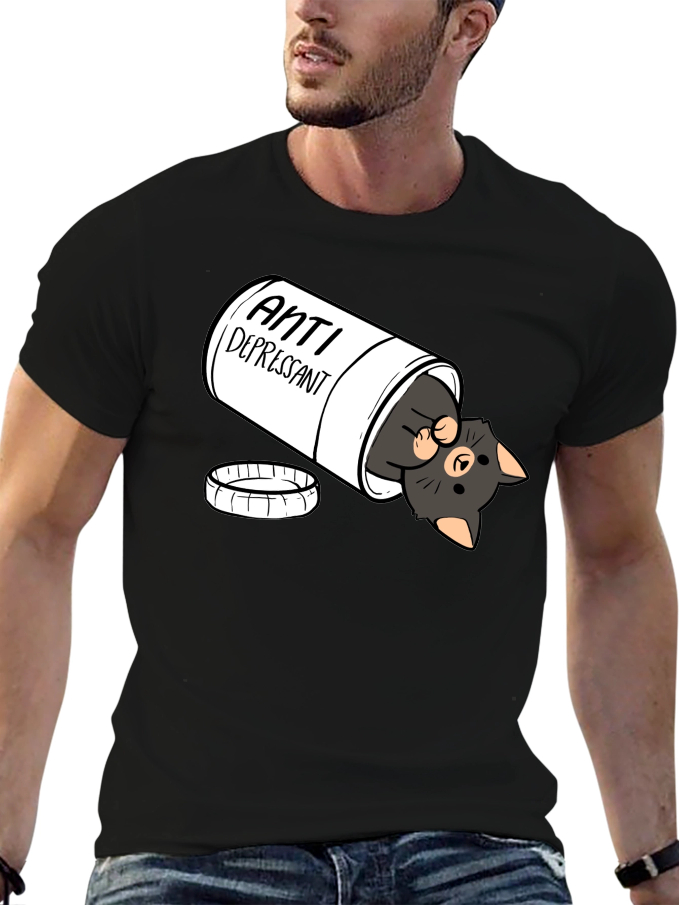 Black Anti-Depressant Cat T-Shirt - Black Crew Neck view 6