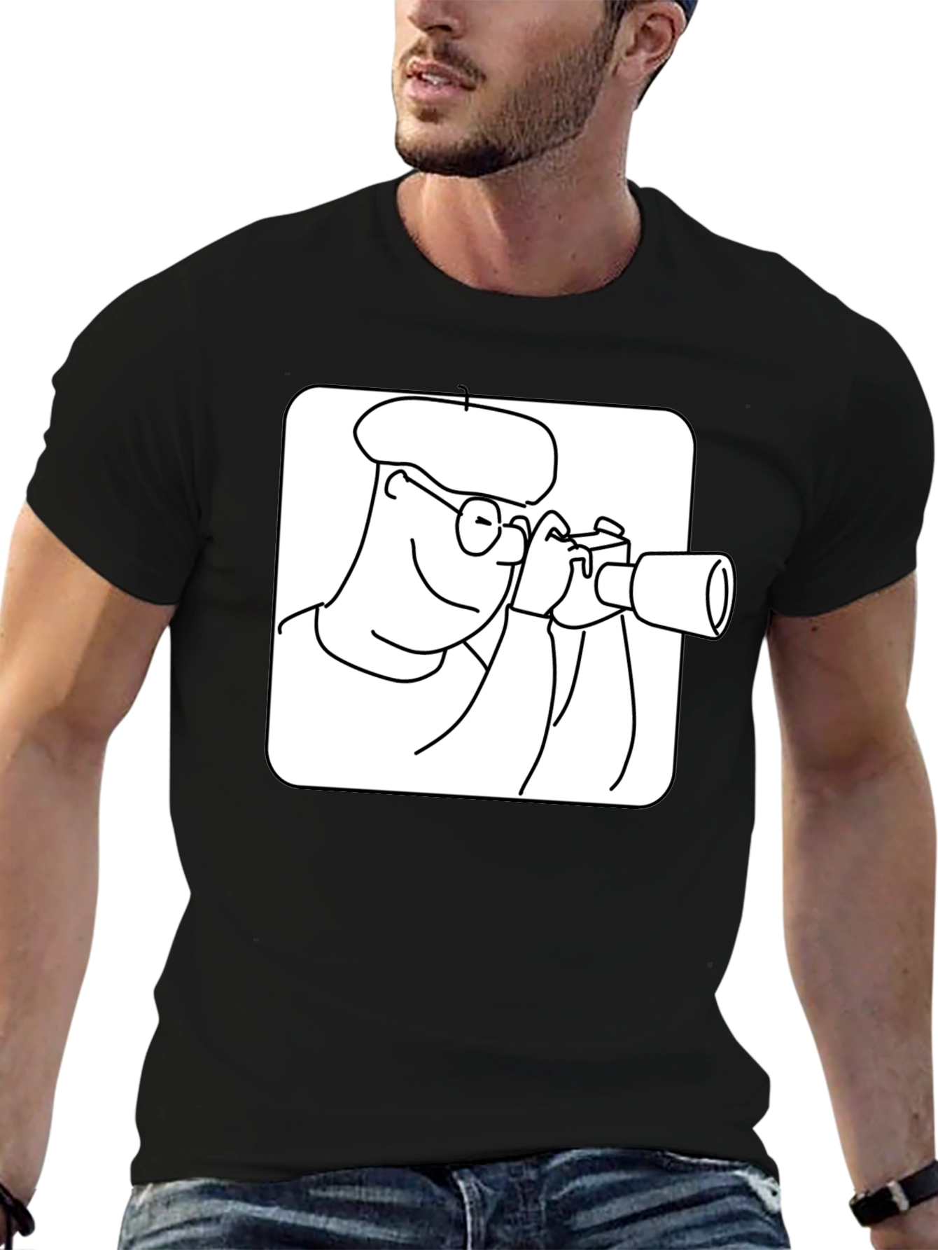Black Black T-Shirt with Cartoon Photographer Design view 6