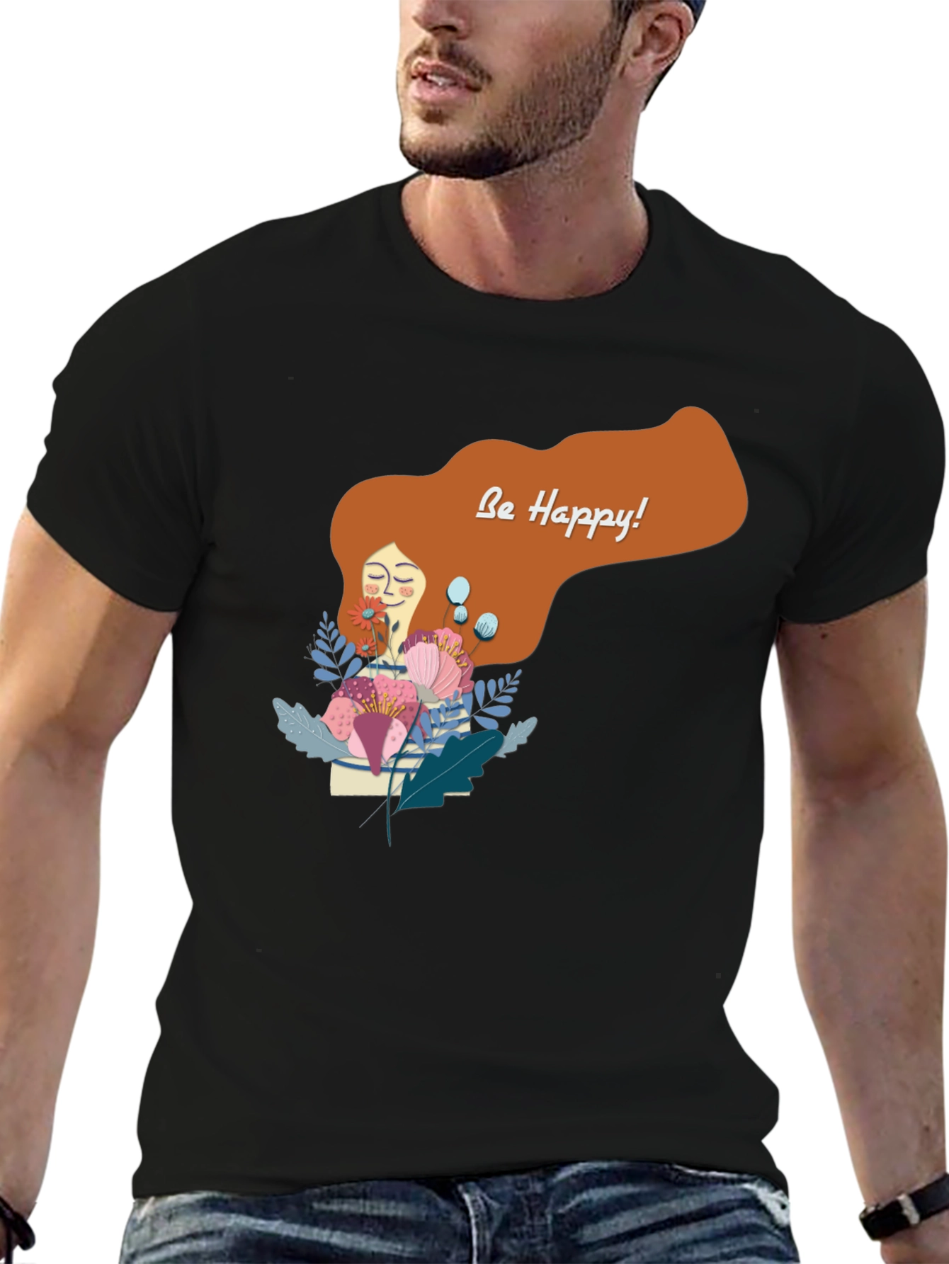 Black Be Happy Graphic Tee - Black Unisex T-Shirt view 6