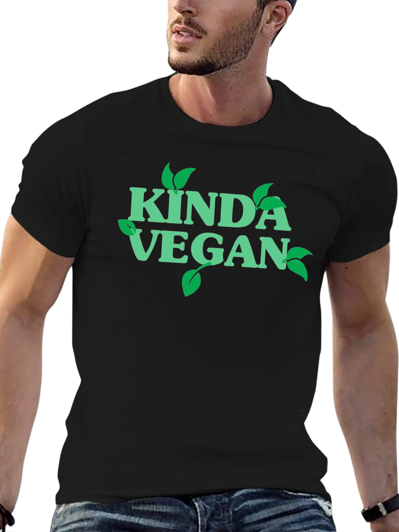 Black Kinda Vegan T-Shirt - Green Leaf Design view 6