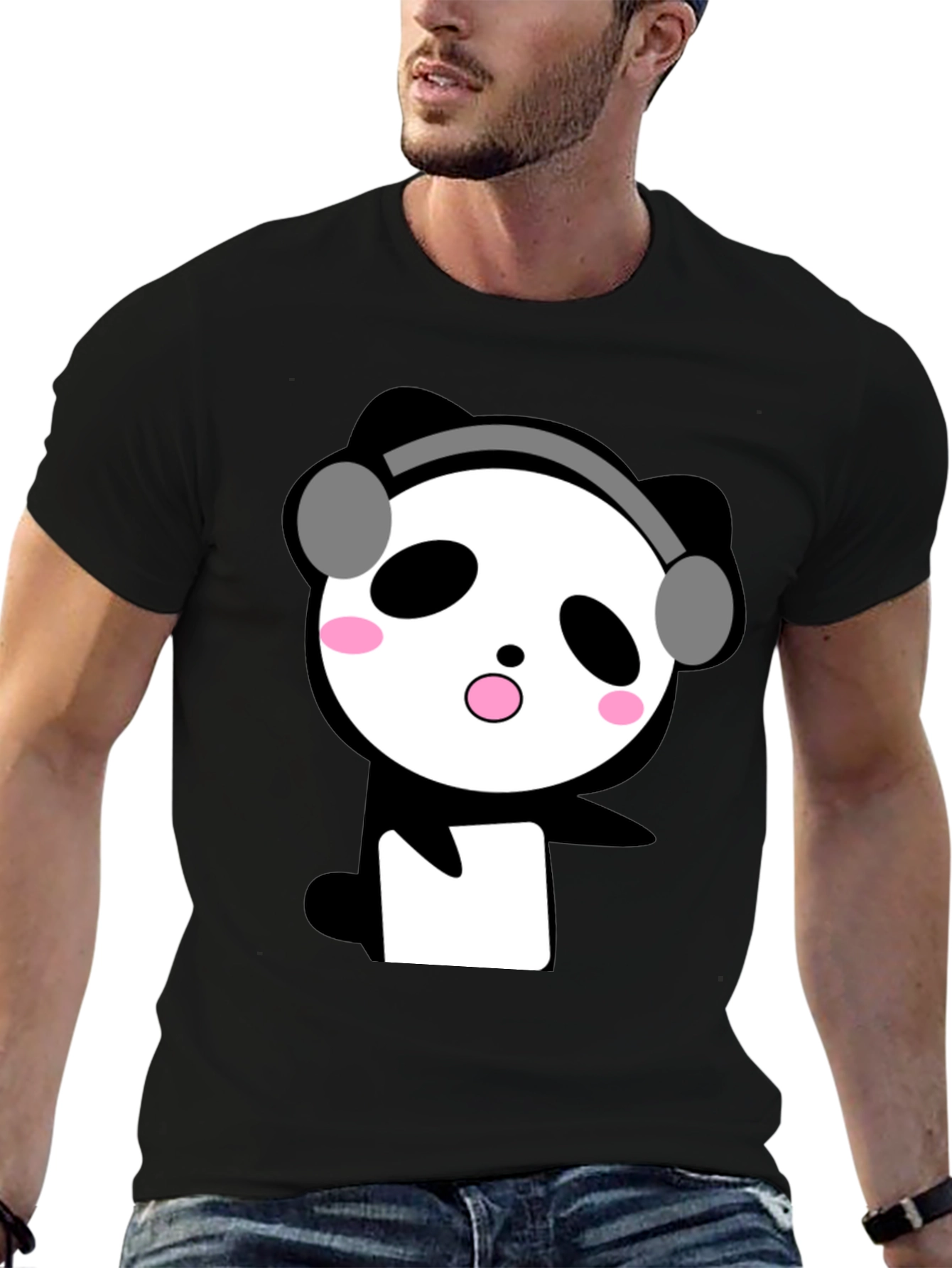 Black Cute Panda with Headphones Black T-Shirt view 6