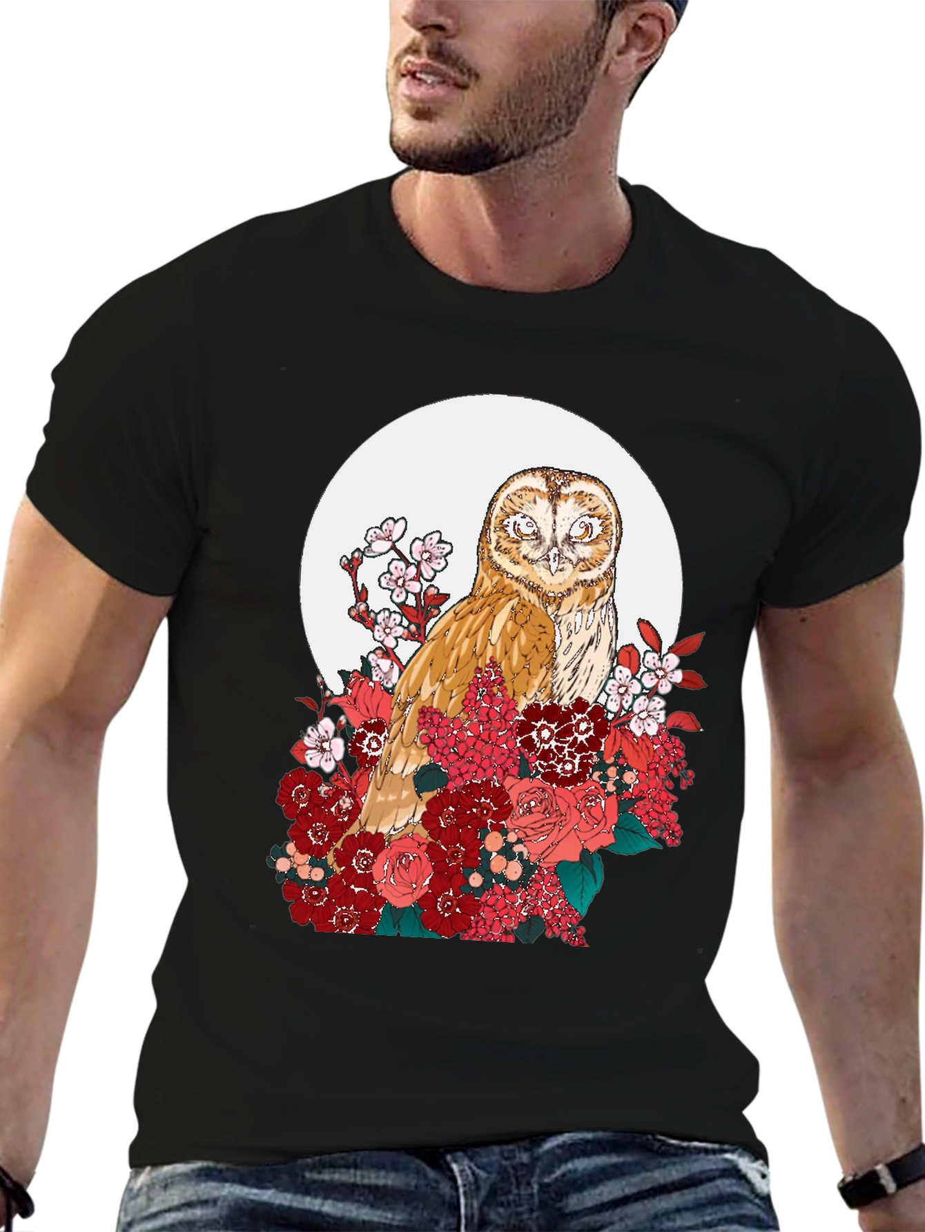 Black Owl and Floral Black T-Shirt view 6