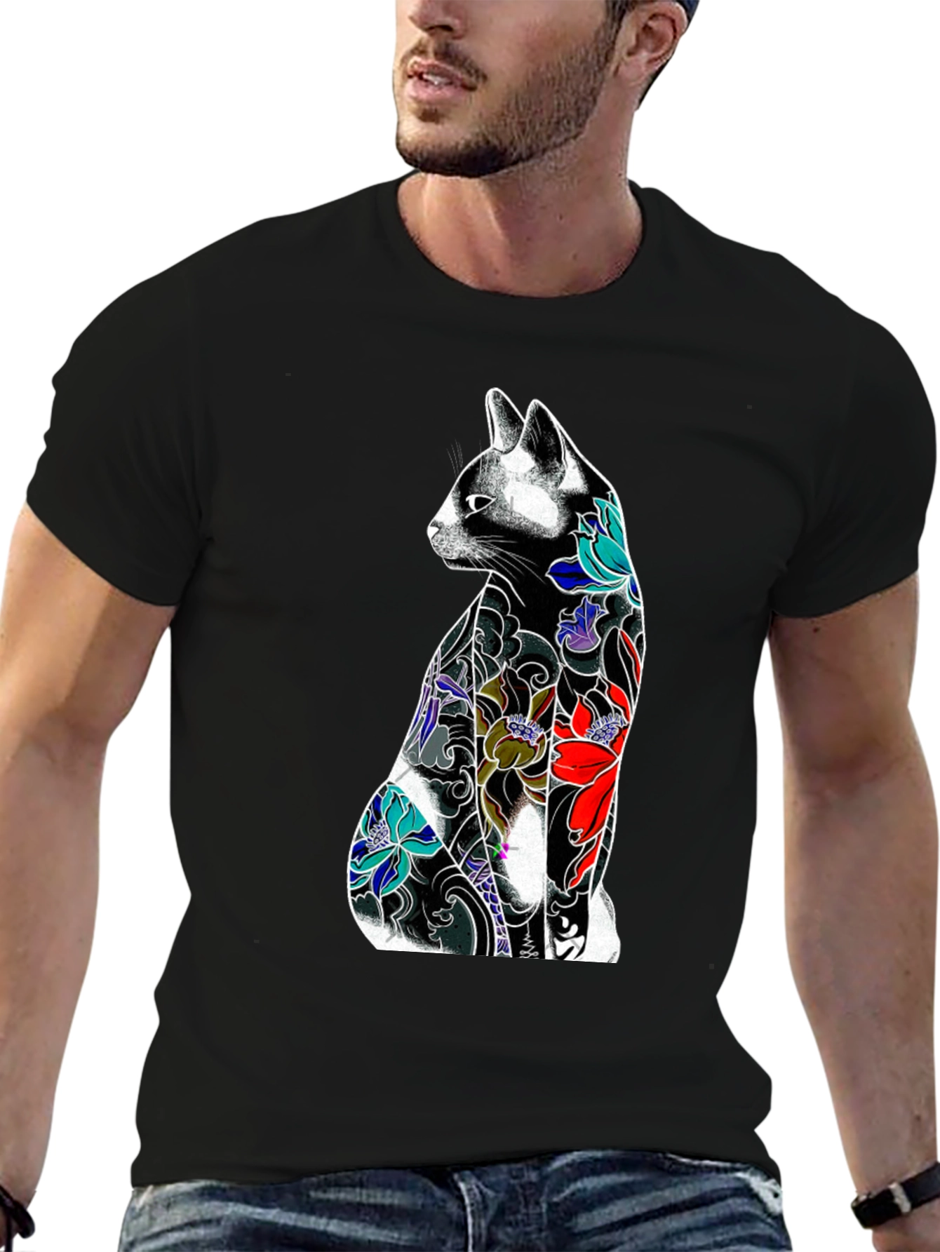 Black Tattoo Cat Graphic Tee - Unique Style view 6