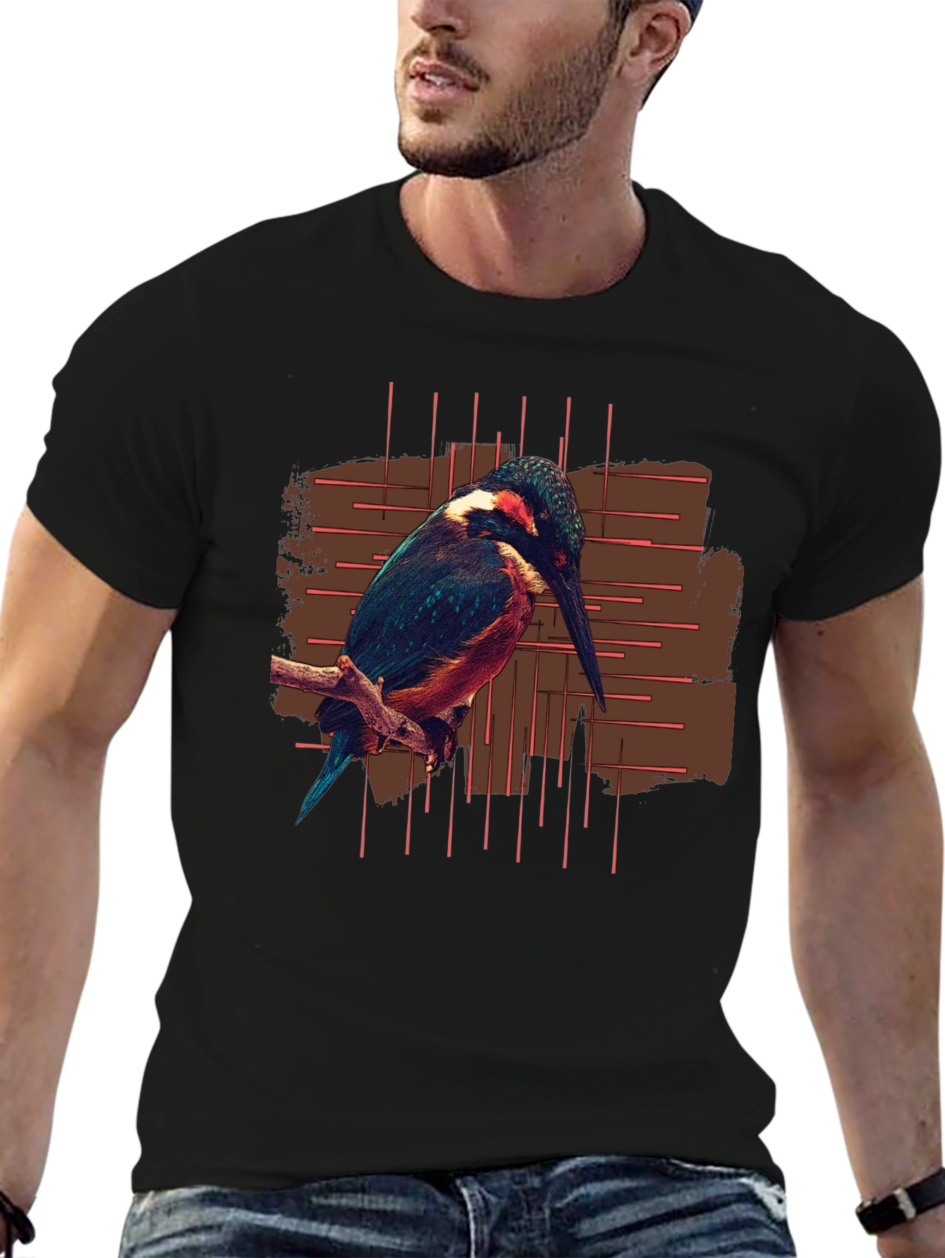 Black Kingfisher Bird Graphic Print Black T-Shirt view 6