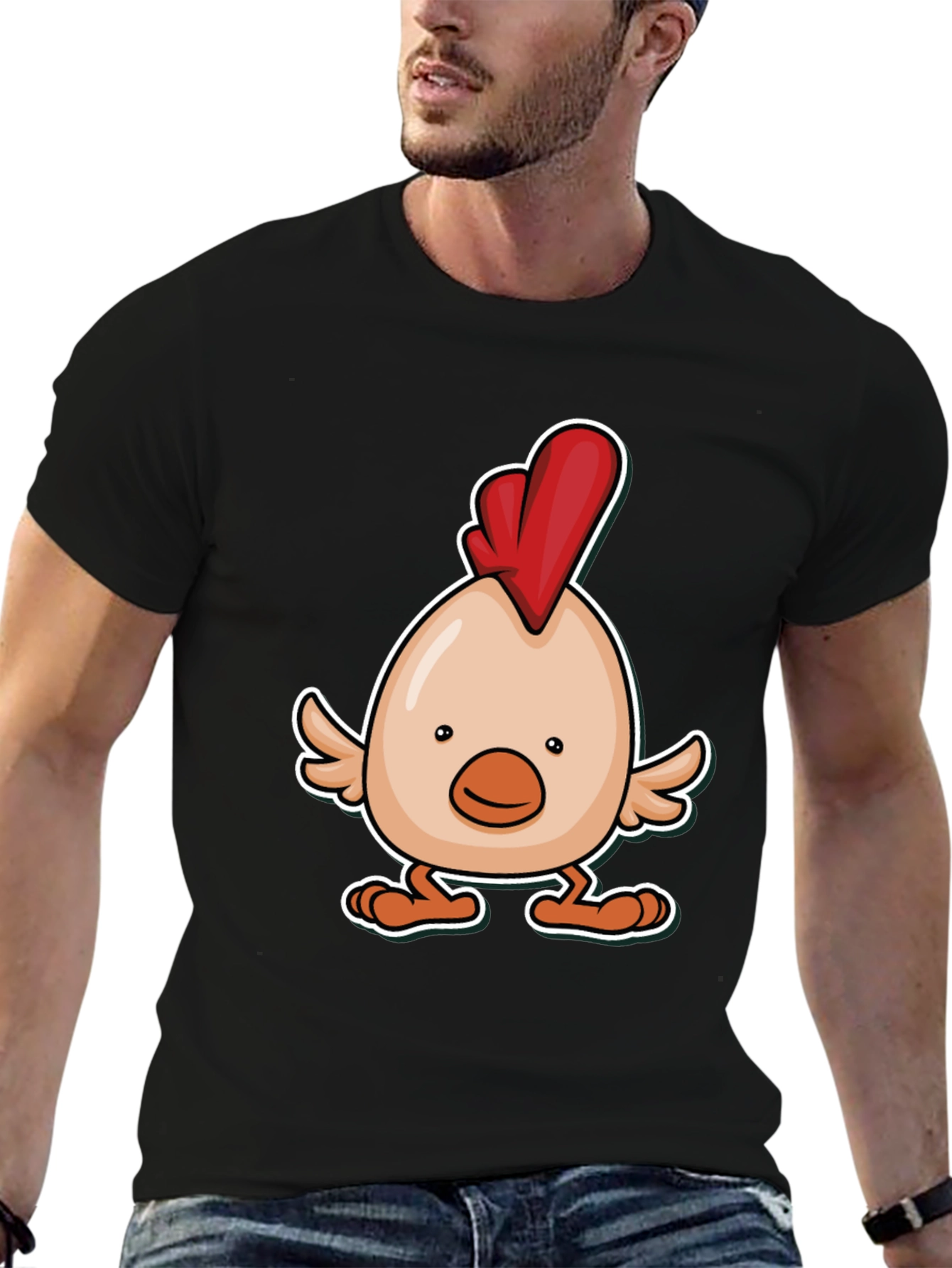 Black Cartoon Chicken Graphic Tee - Black Cotton Blend view 6