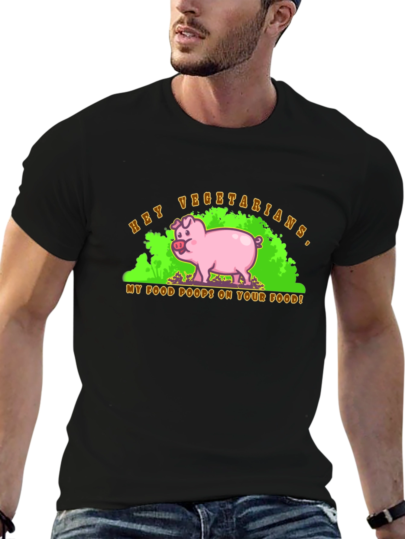 Black Hey Vegetarians Pig Humor Graphic T-Shirt view 6