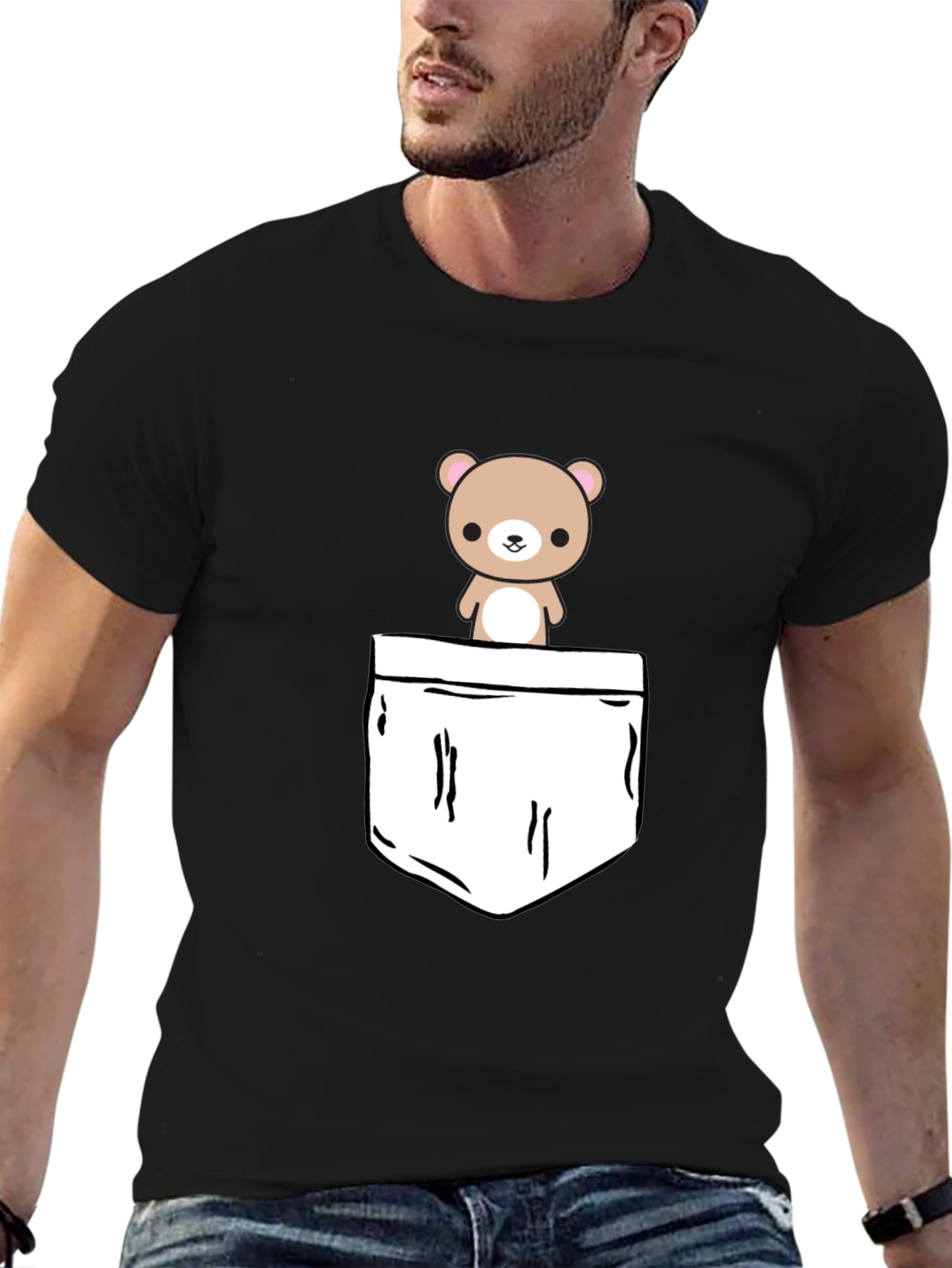 Black Cute Bear Pocket Graphic T-Shirt view 6