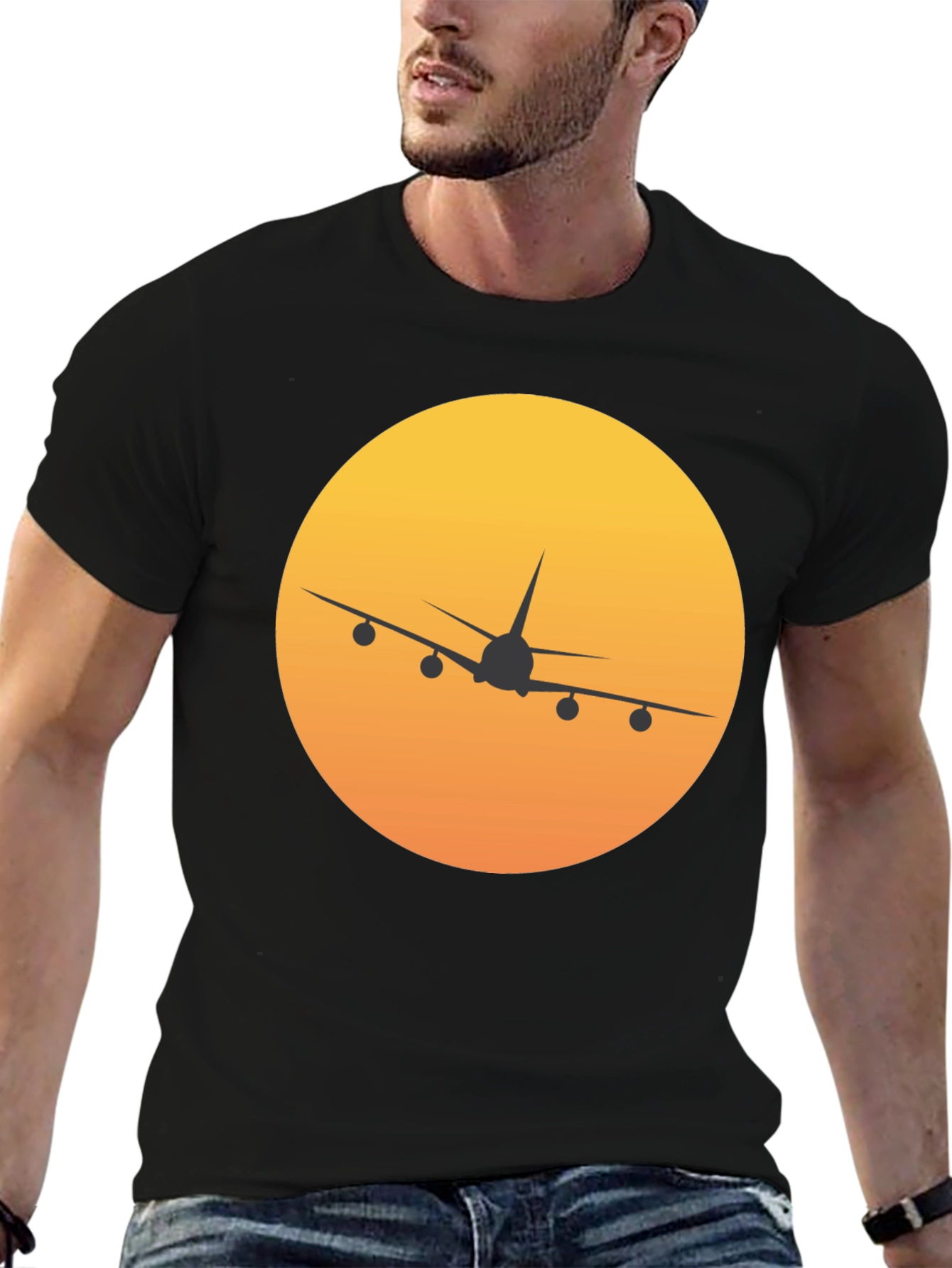 Black Airplane Sunset Graphic Tee - Black Crew Neck view 6
