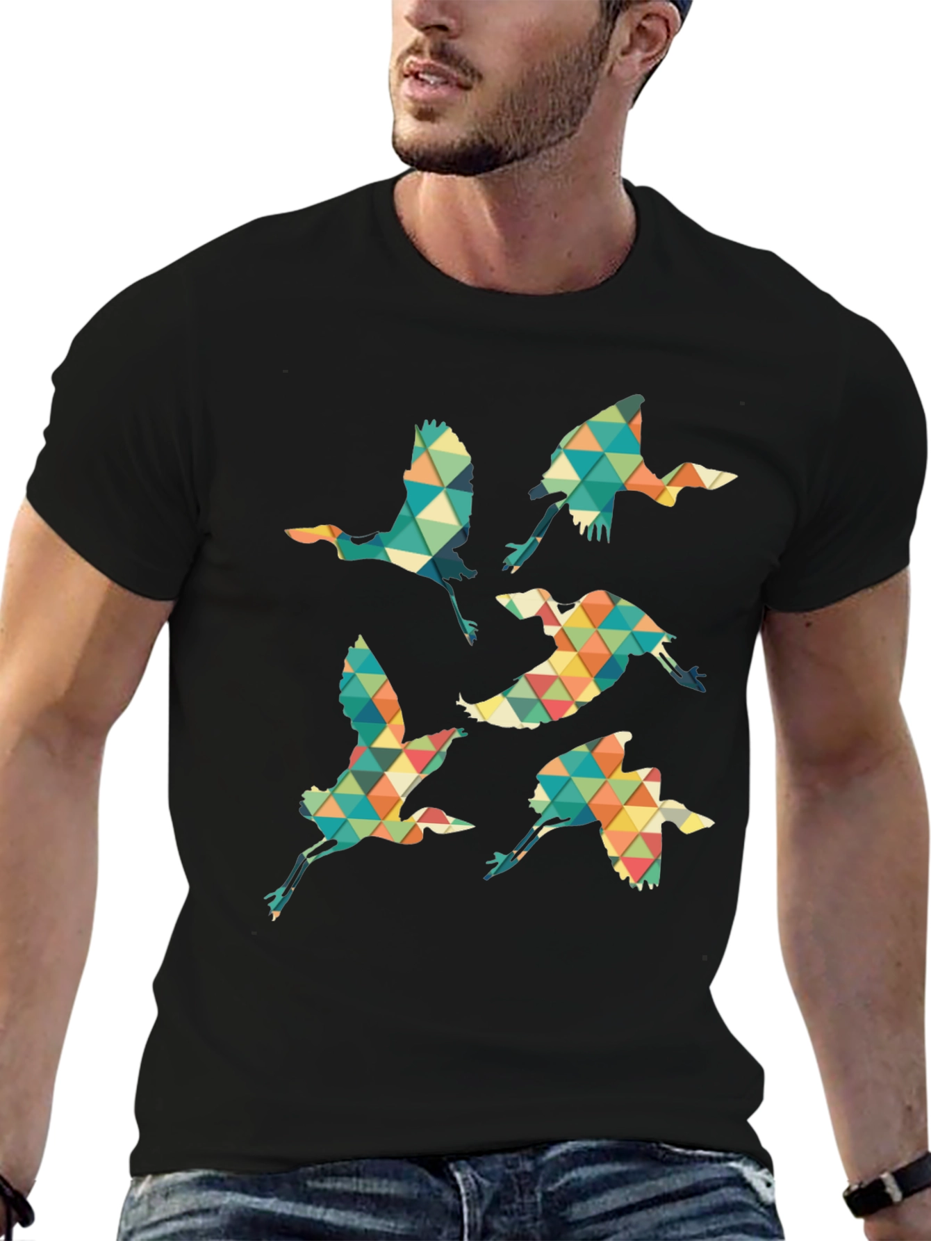 Black Geometric Crane Print Black T-Shirt view 6