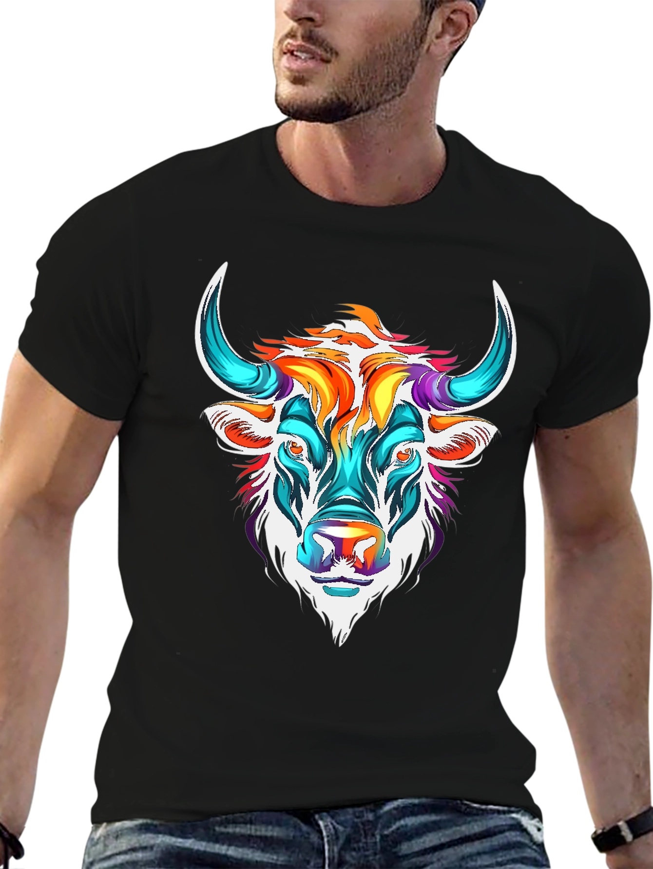 Black Colorful Bull Graphic Tee - Unisex T-Shirt view 6