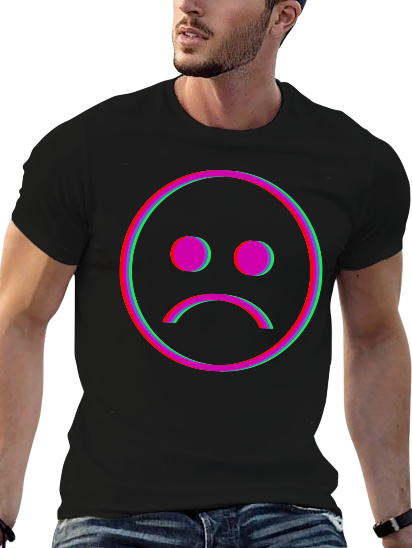 Black Sad Face Glitch Graphic Black T-Shirt view 6