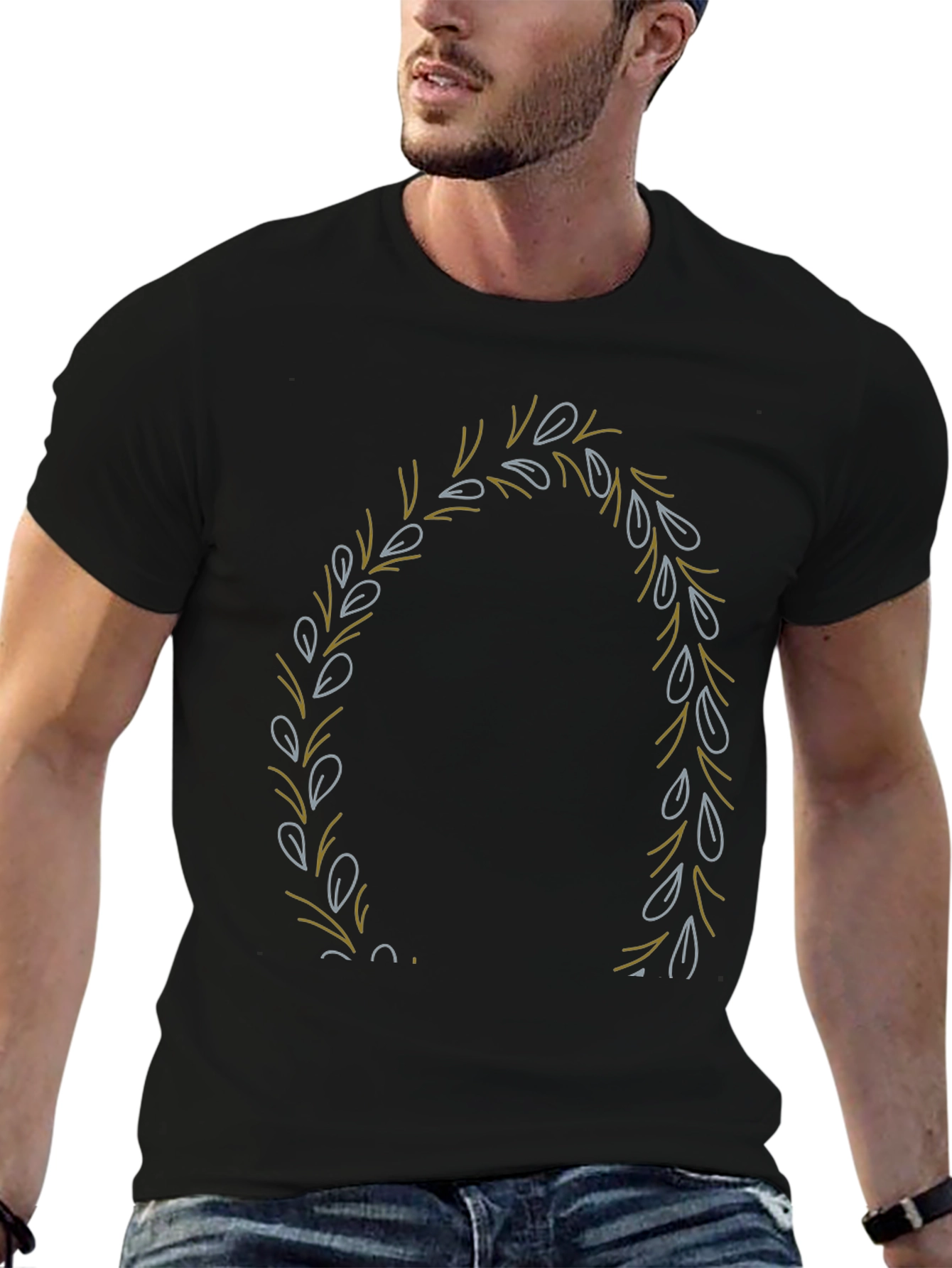 Black Men's Black T-Shirt with Leaf Wreath Design view 6