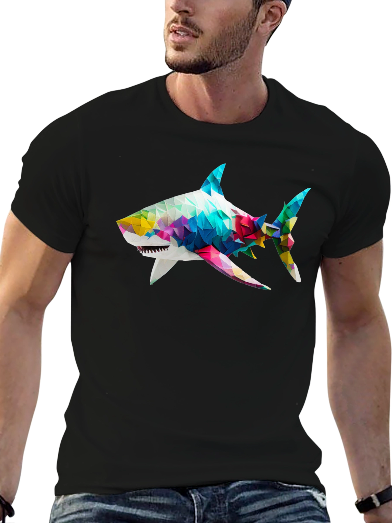 Black Geometric Shark Graphic Tee - Black Cotton Blend view 6