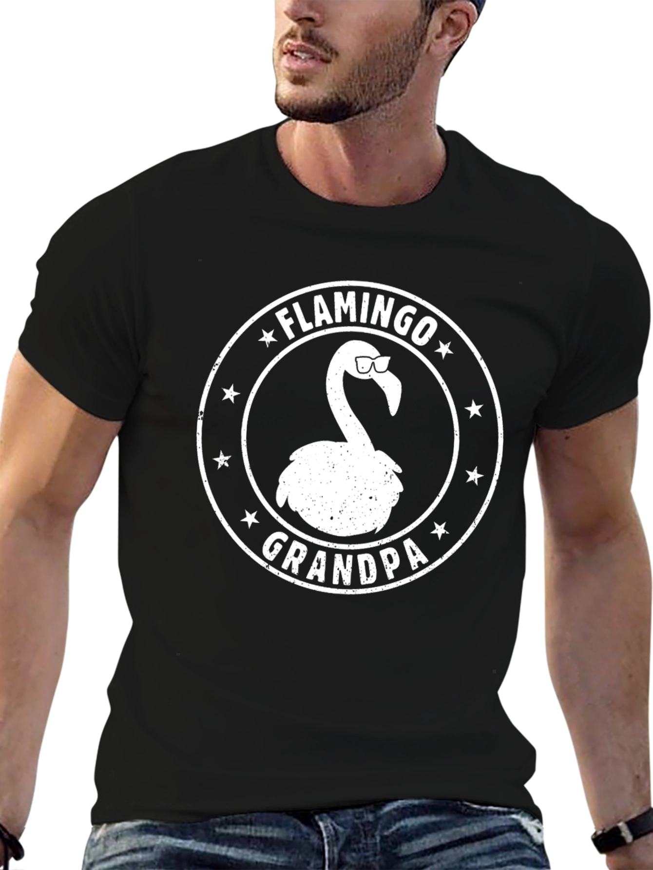 Black Flamingo Grandpa Graphic Tee - Black Cotton T-Shirt view 6