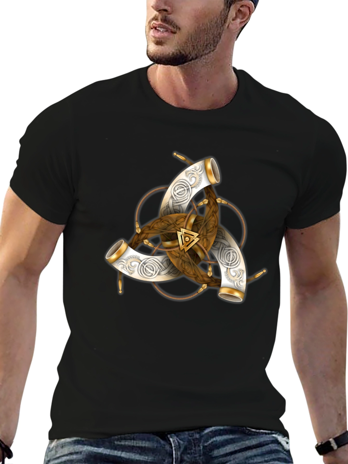 Black Men's Black T-Shirt with Viking Horns Symbol Design view 6