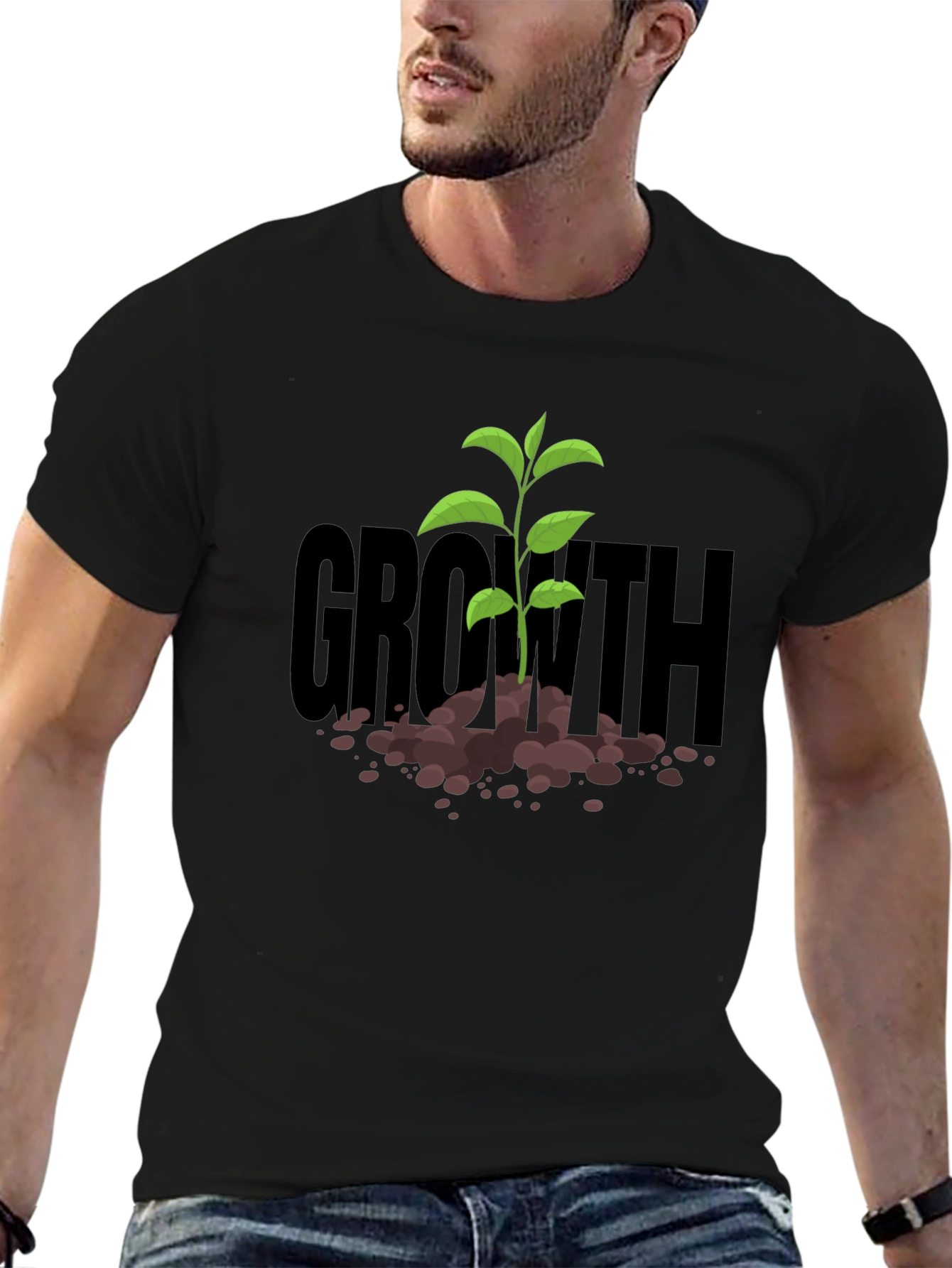 Black Growth Sprout T-Shirt - Black Cotton Tee view 6