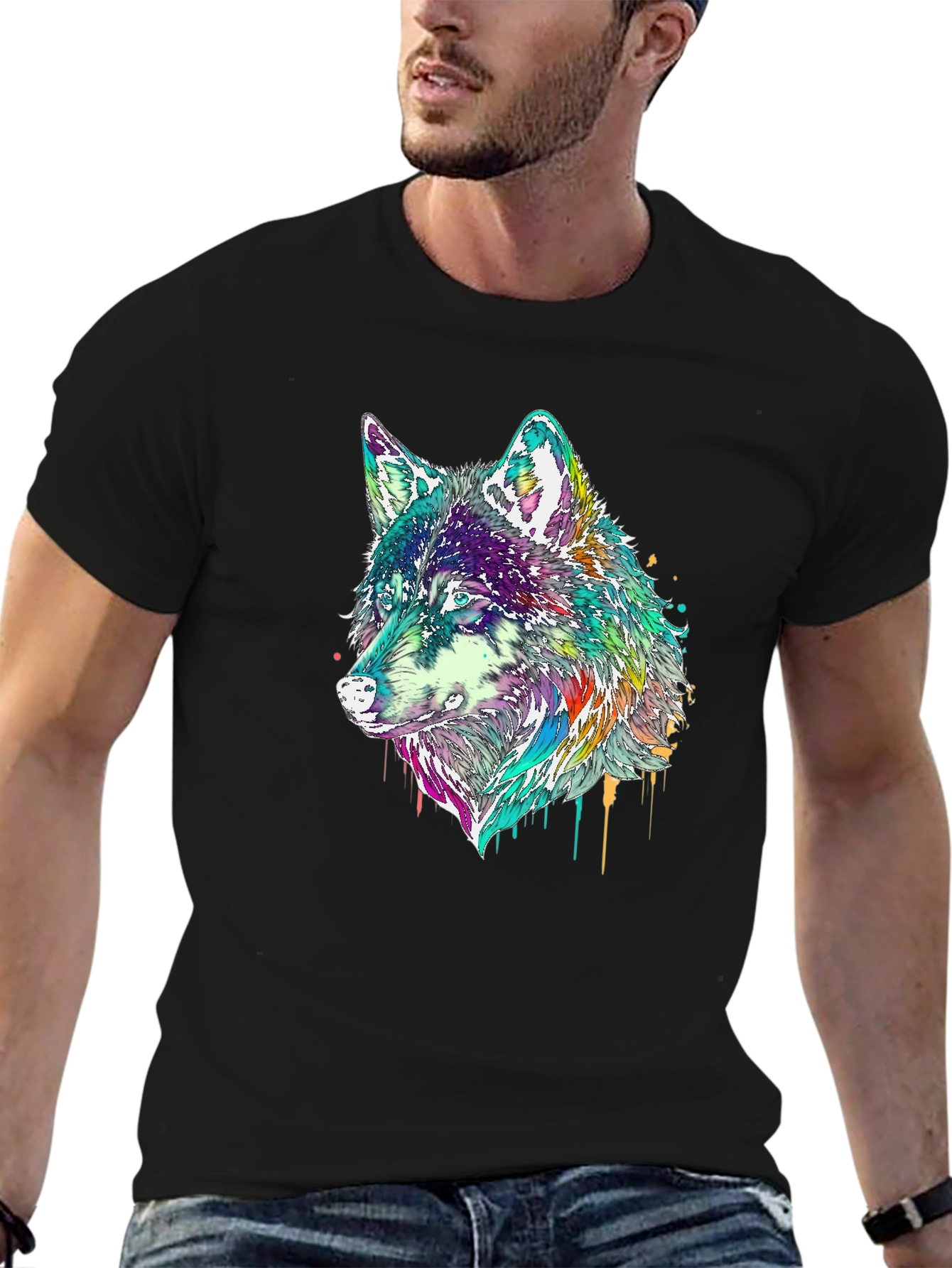 Black Wolf Graphic Tee - Colorful Animal Print view 6