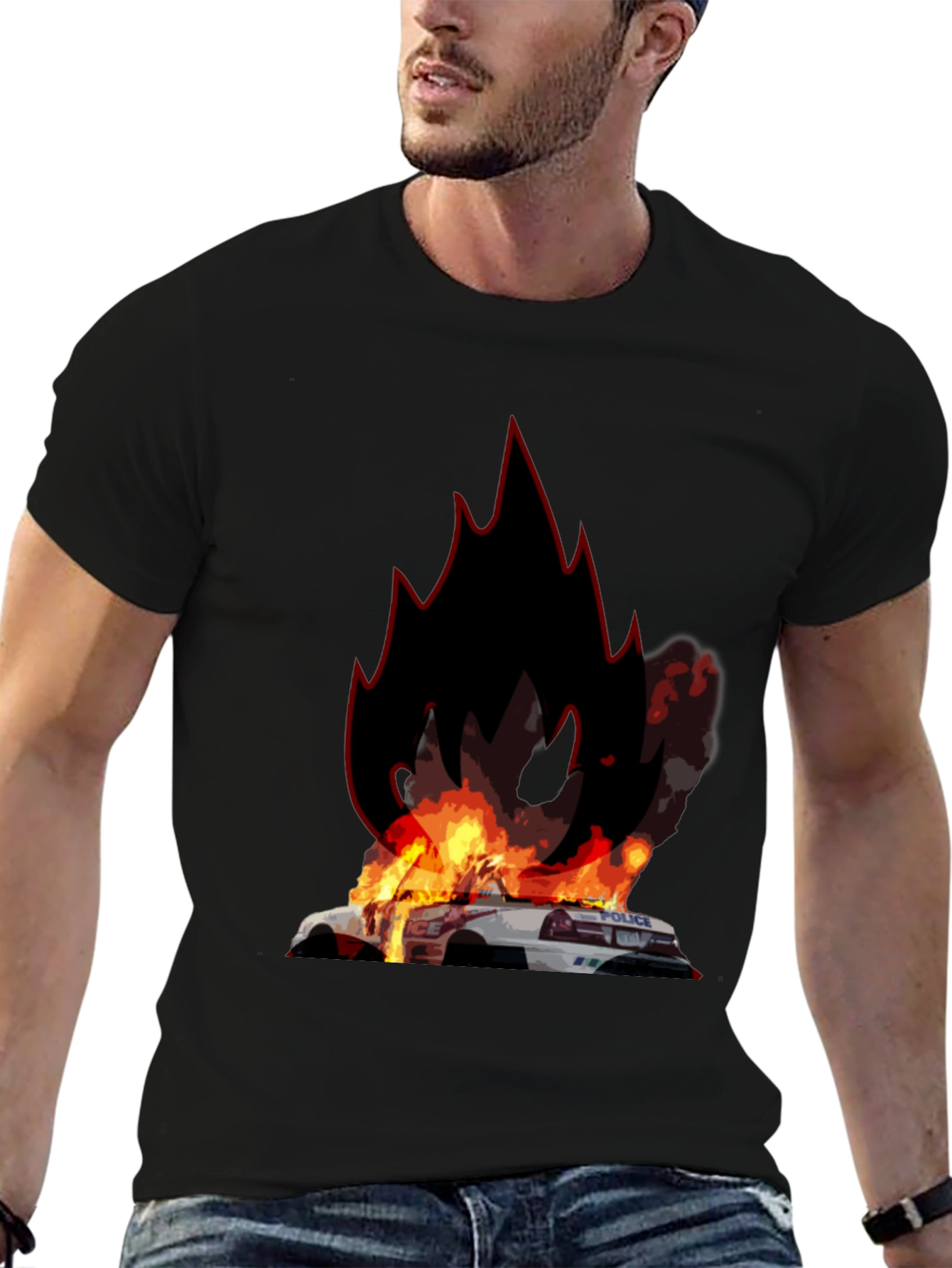 Black Burning Police Car T-Shirt - Bold Graphic Tee view 6