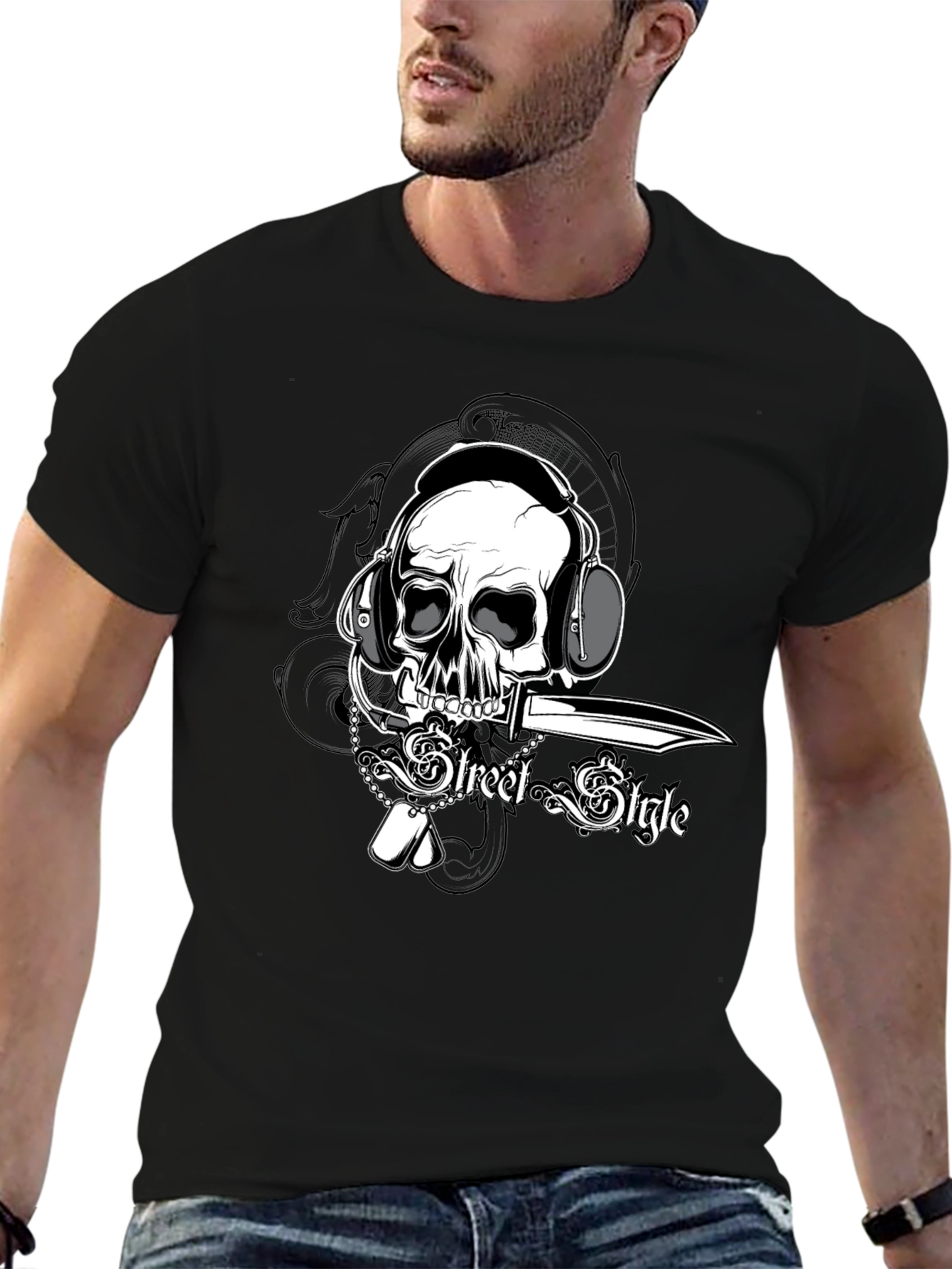 Black Skull with Headphones Graphic Tee view 6