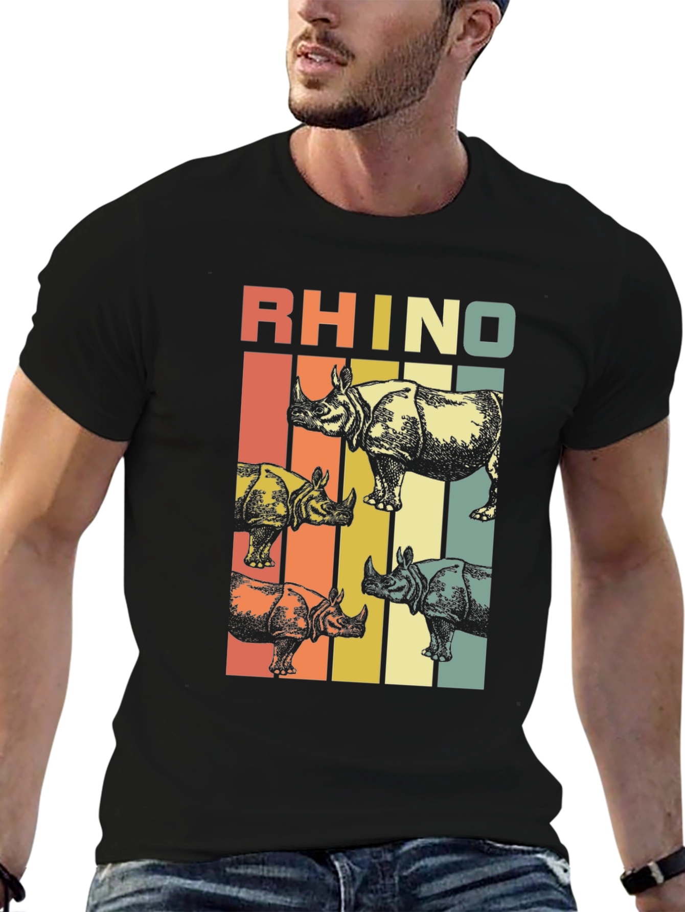 Black Retro Rhino T-Shirt: Vintage Style Animal Tee view 6