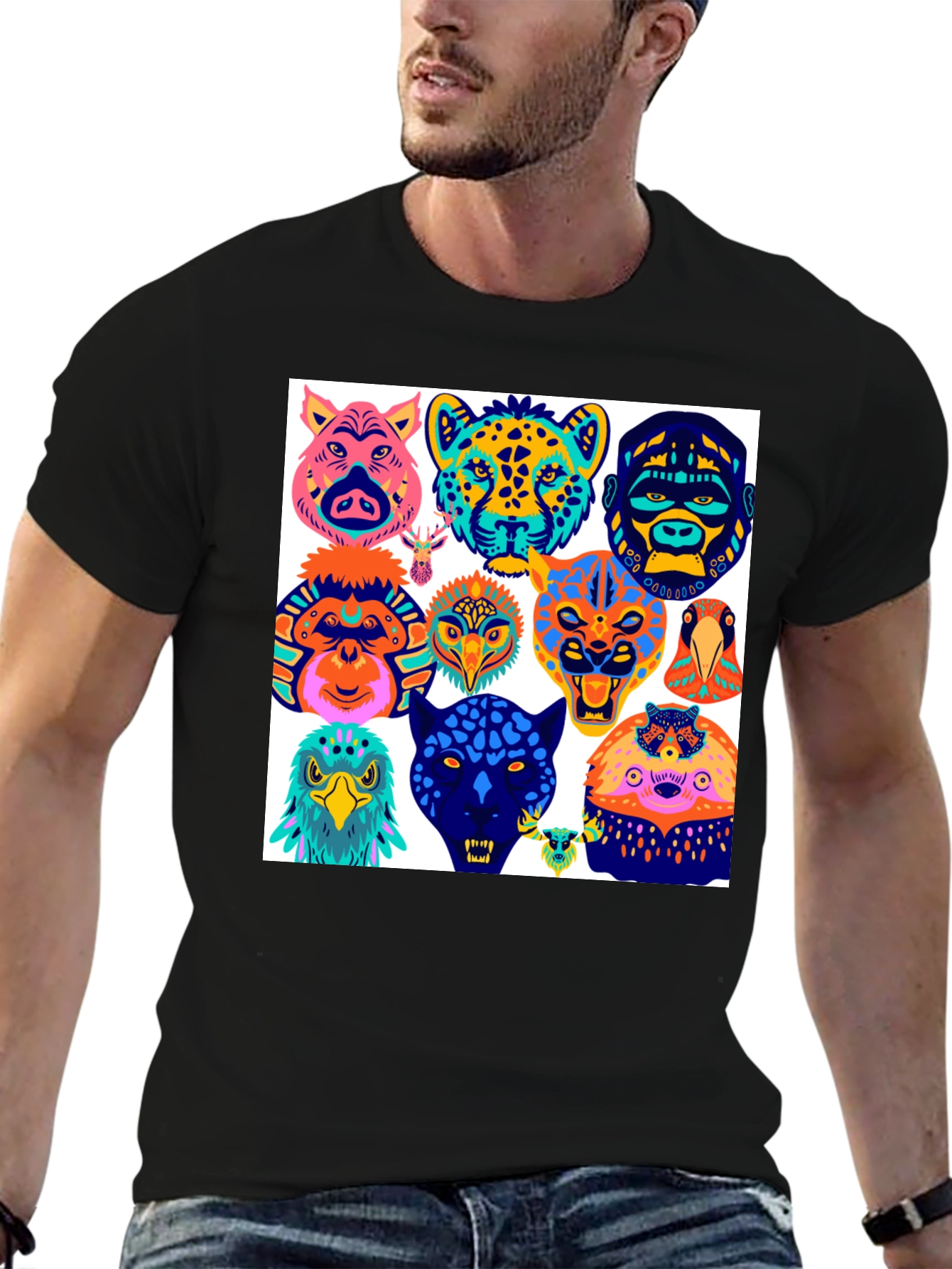 Black Animal Faces Graphic Tee - Modern Abstract Design view 6