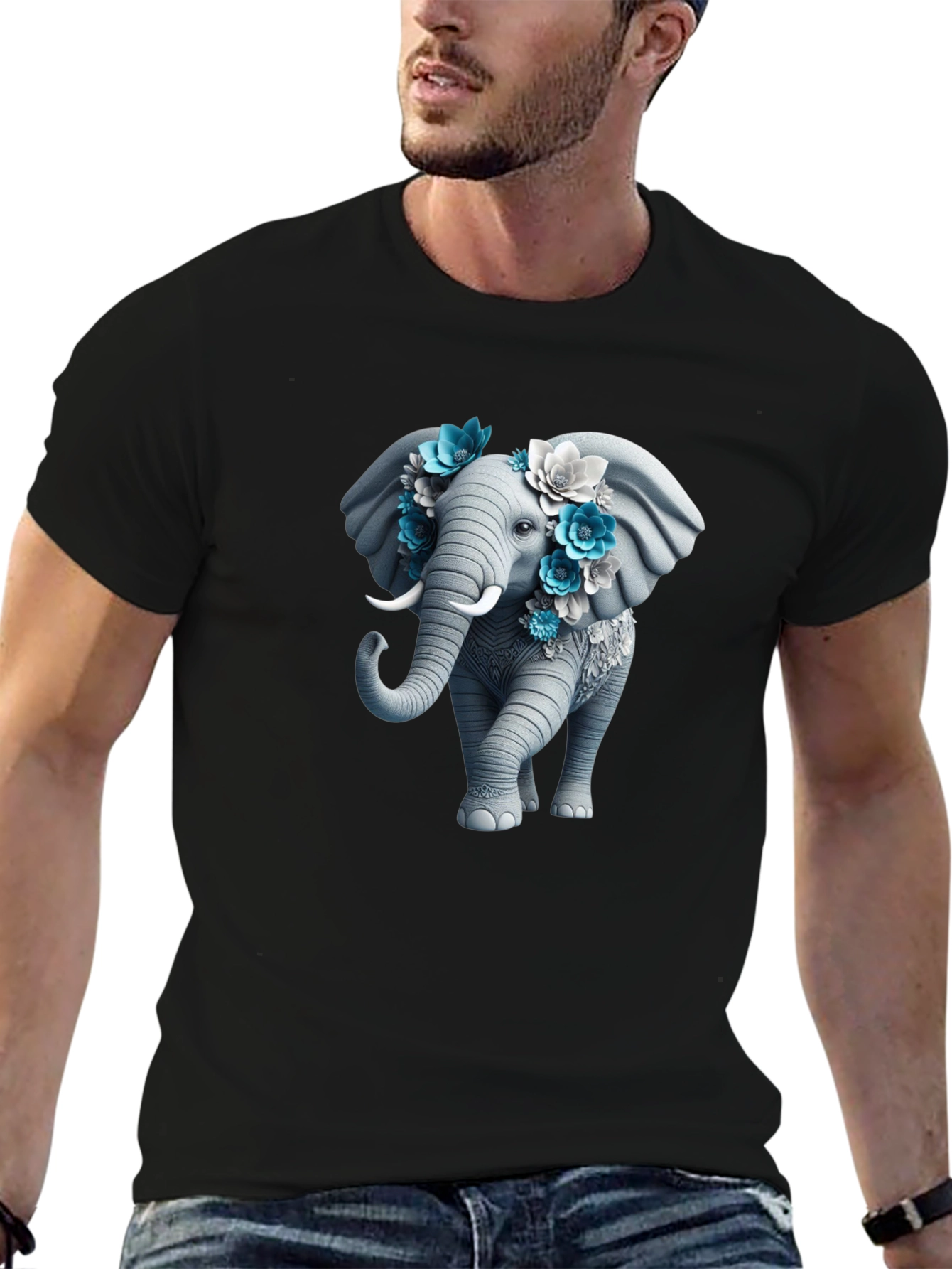 Black Floral Elephant Graphic Tee - Unique Design view 6