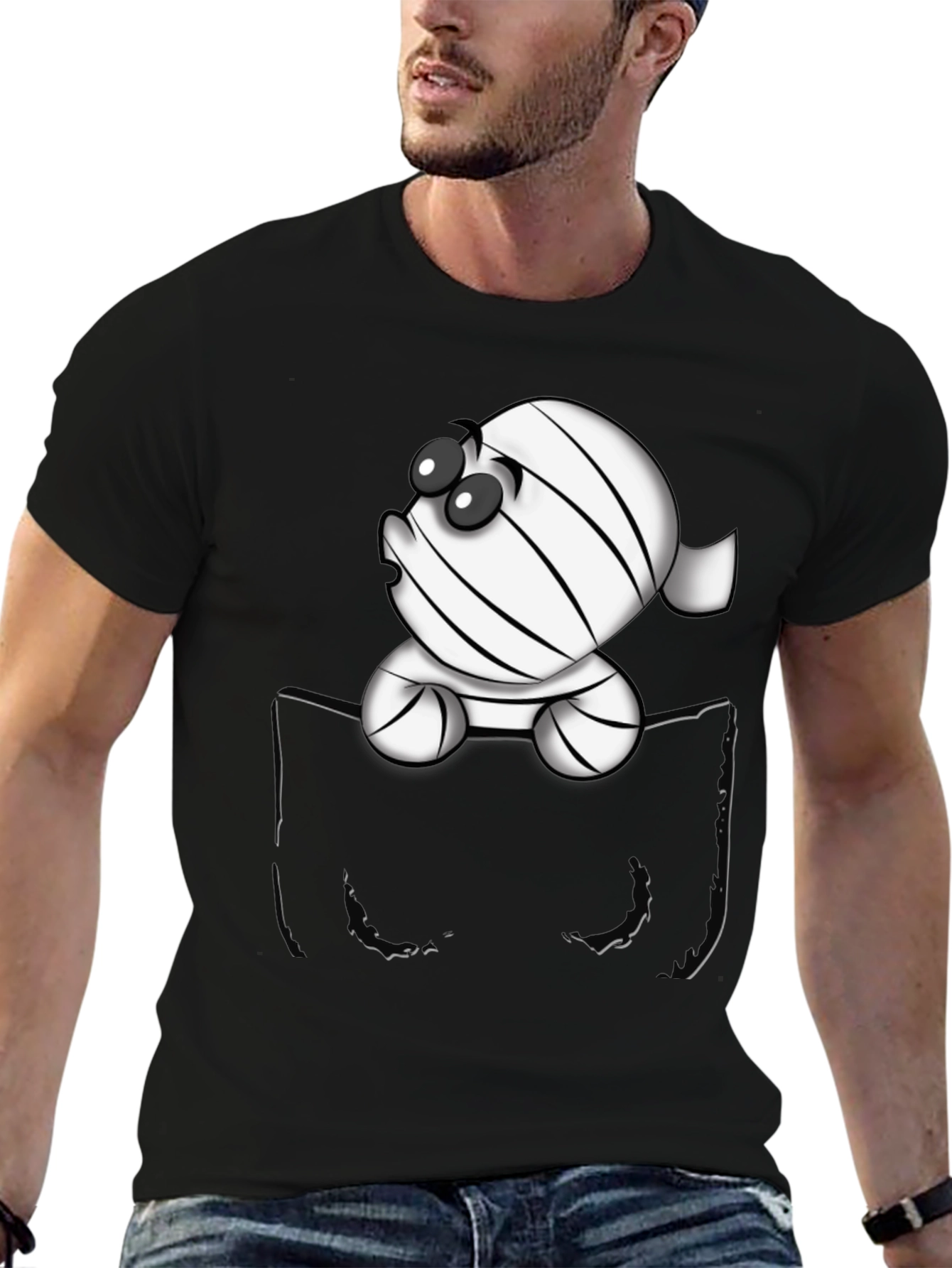 Black Cute Cartoon Mummy in Pocket T-Shirt view 6