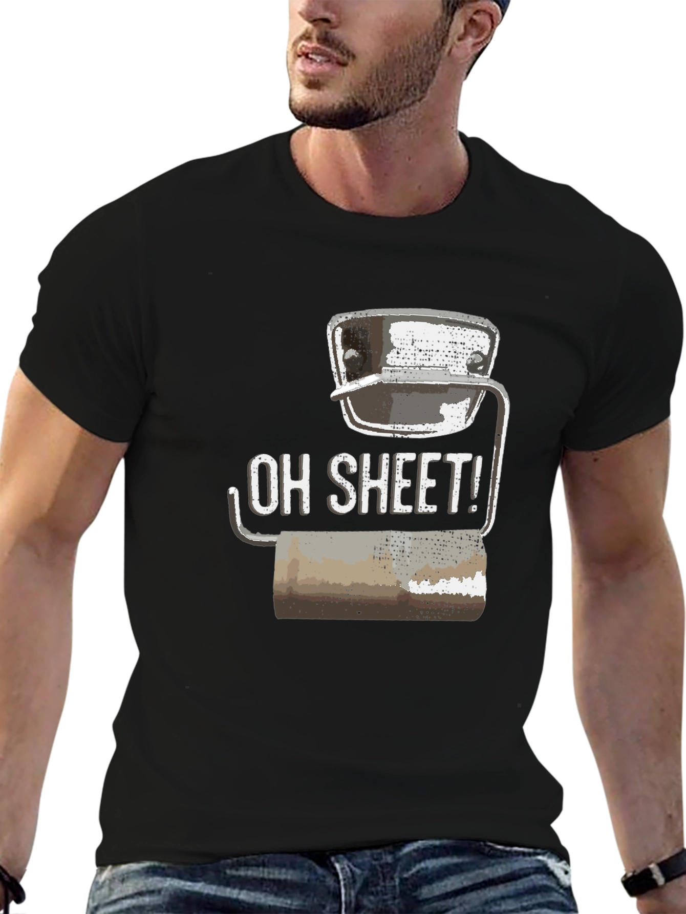 Black Humorous 'Oh Sheet!' Toilet Paper T-Shirt view 6