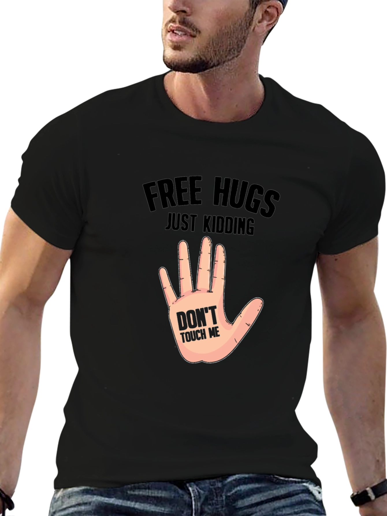 Black Free Hugs, Just Kidding - Novelty Graphic T-Shirt view 6