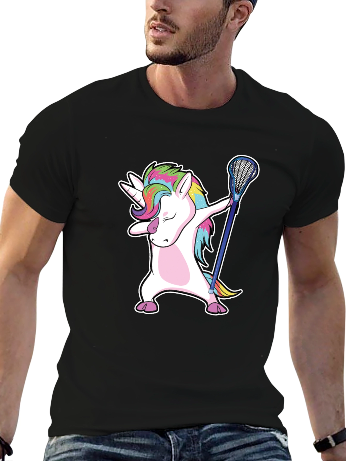 Black Unicorn Dabbing with Lacrosse Stick T-Shirt view 6