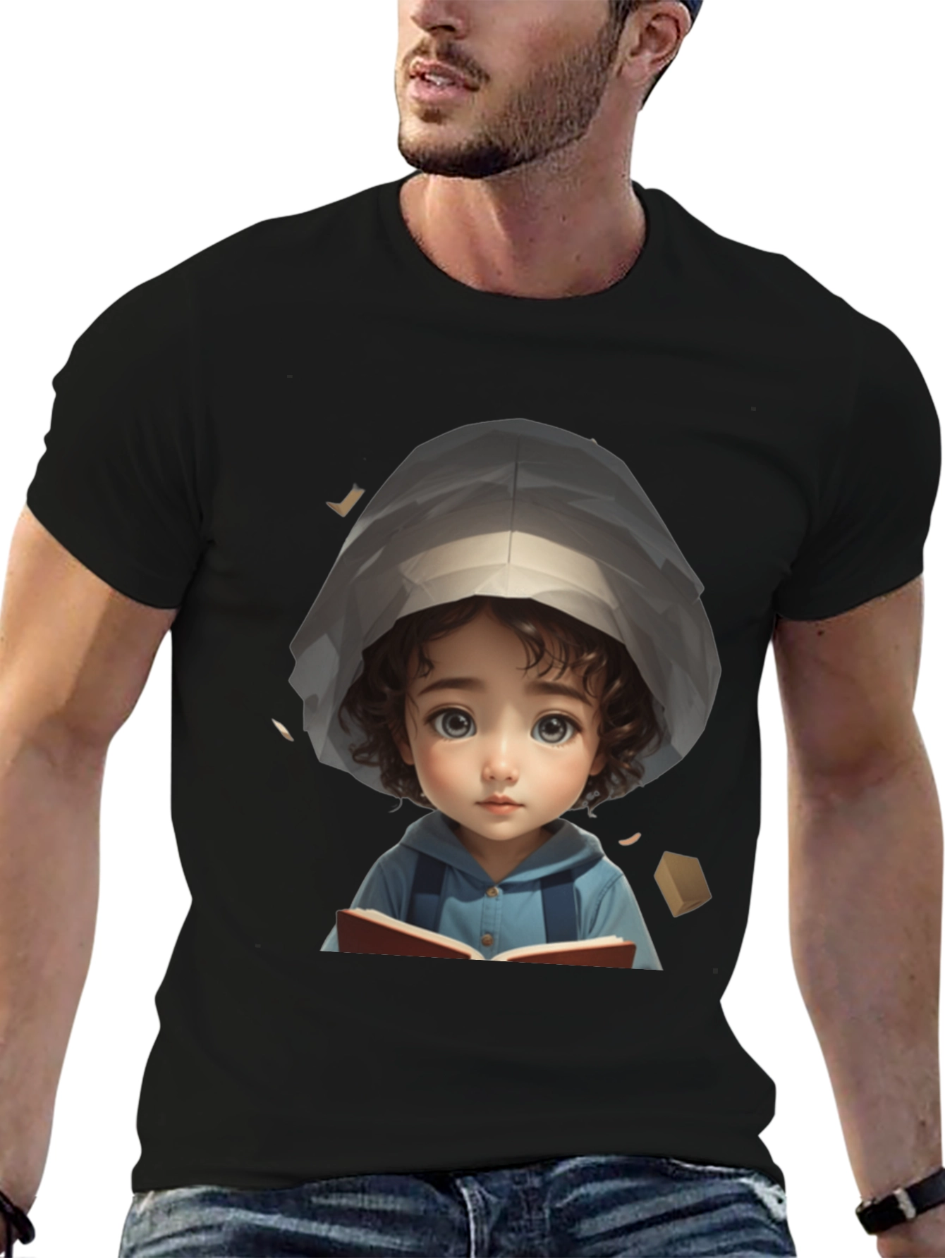 Black Cute Cartoon Girl Reading Book Black T-Shirt view 6