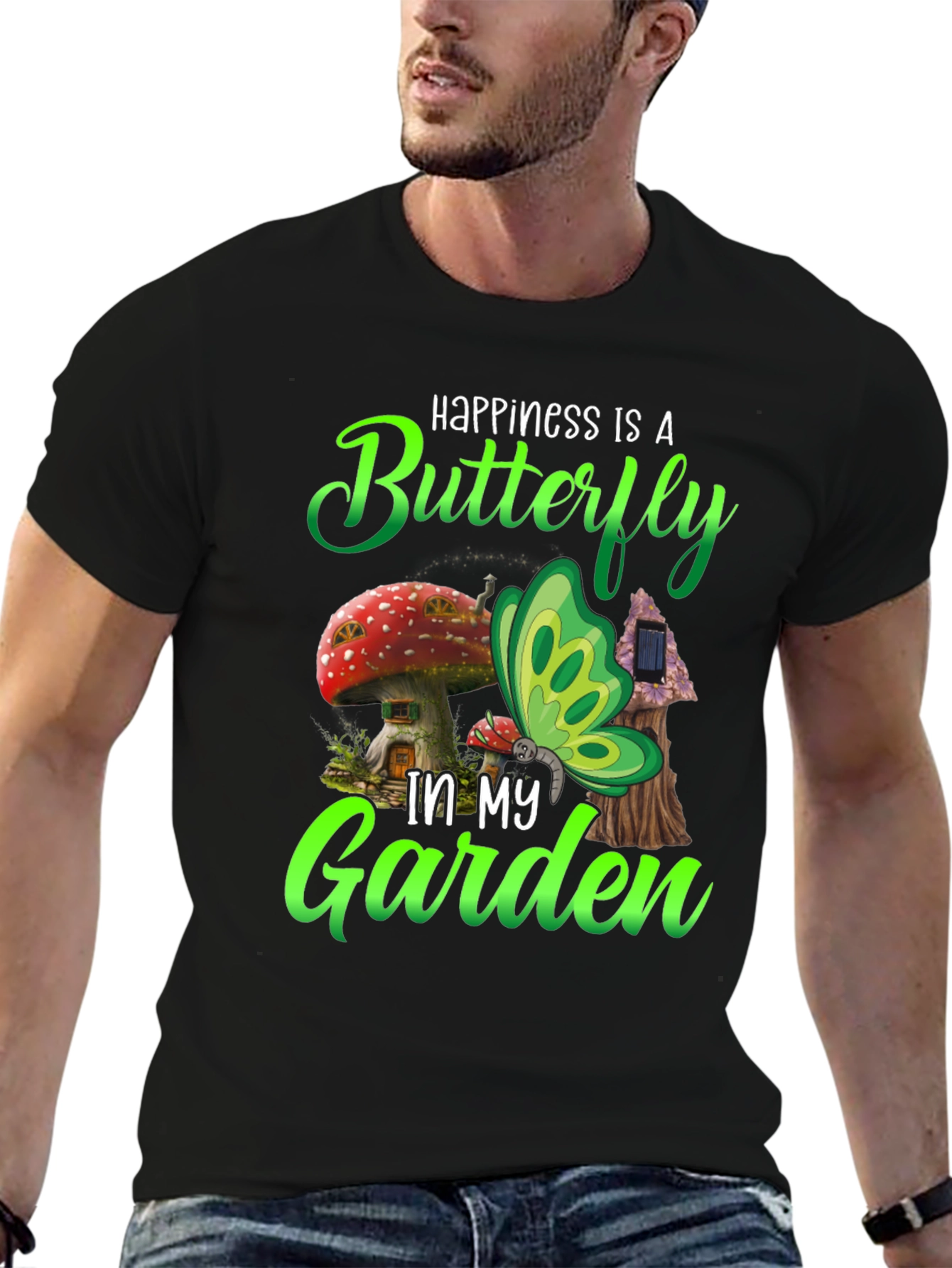 Black Happiness Butterfly Garden Black T-Shirt view 6