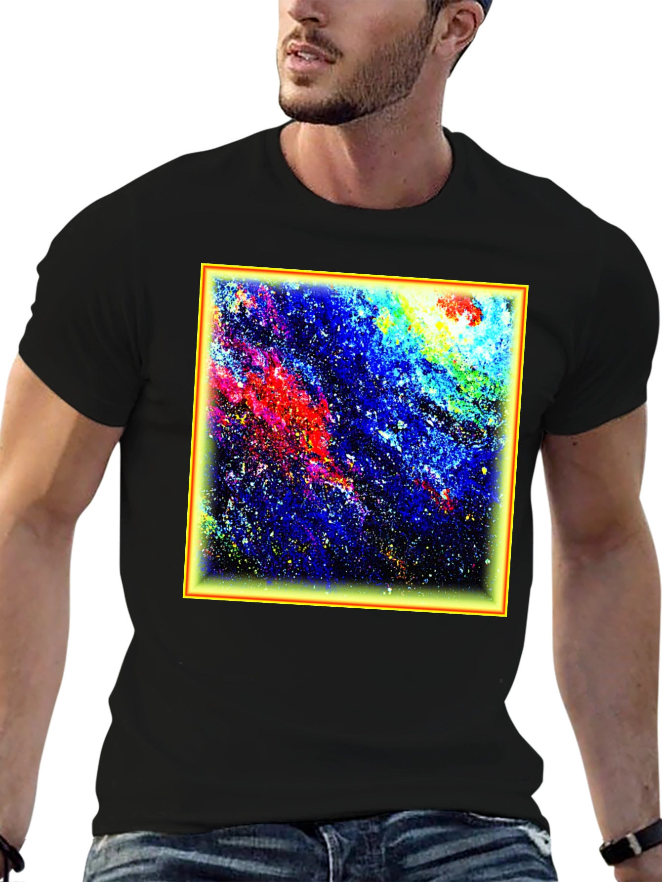 Black Abstract Art T-Shirt - Colorful Galaxy Design view 6