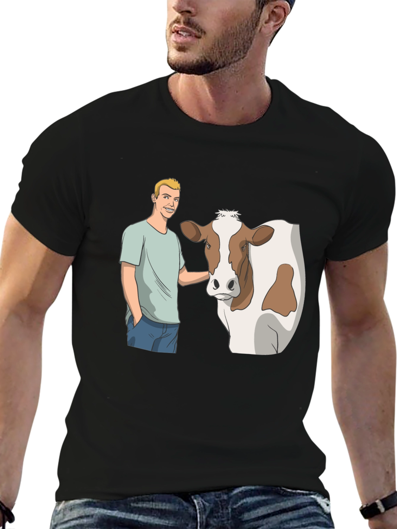 Black Cartoon Man & Cow Black T-Shirt view 6
