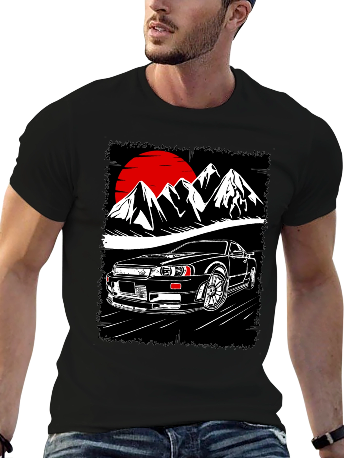 Black Car & Mountain Graphic Tee - Black Cotton T-Shirt view 6