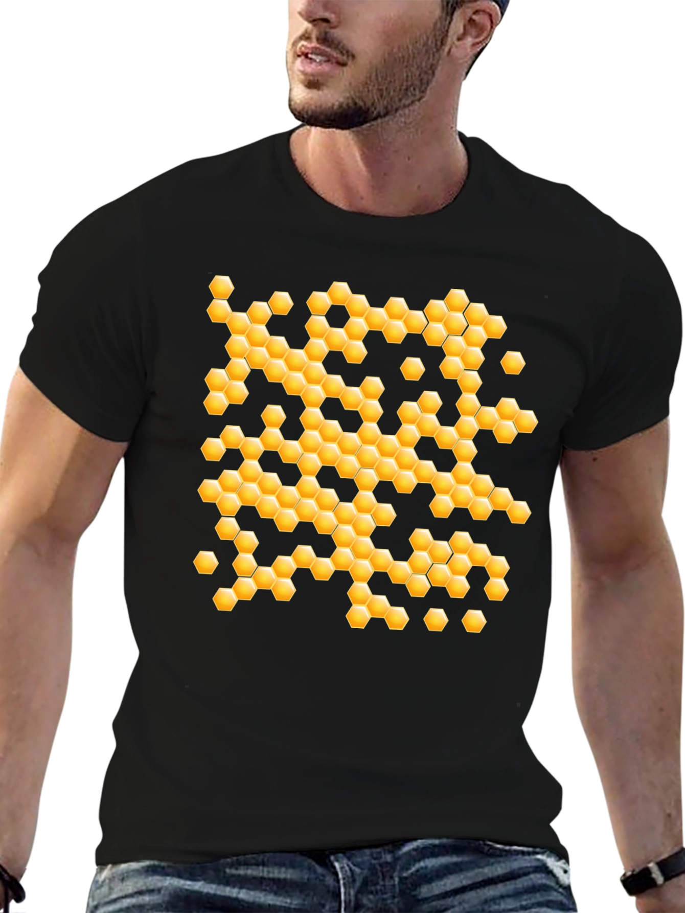 Black Honeycomb Pattern Graphic T-Shirt view 6