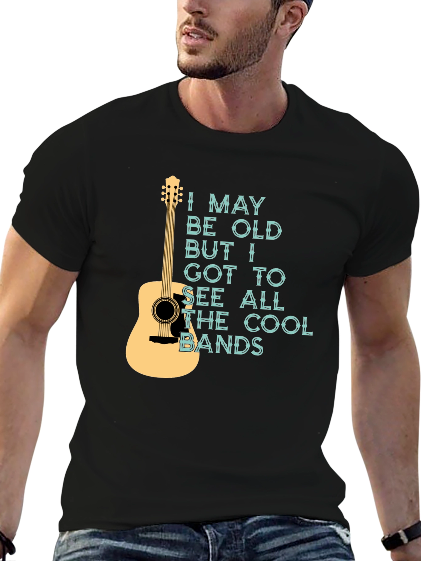 Black Cool Bands Guitar Graphic T-Shirt view 6
