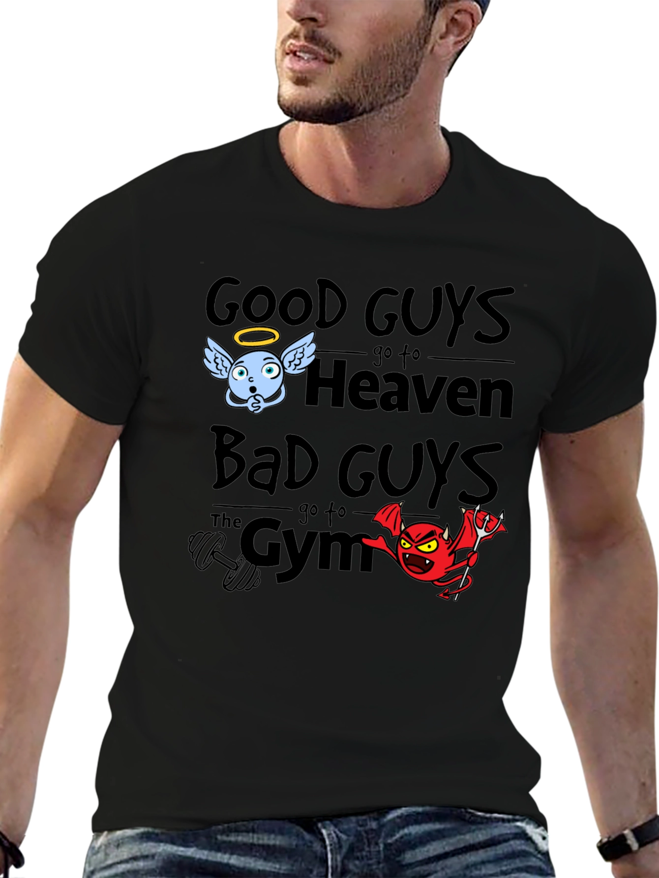Black Good Guys Heaven Bad Guys Gym Graphic T-Shirt view 6