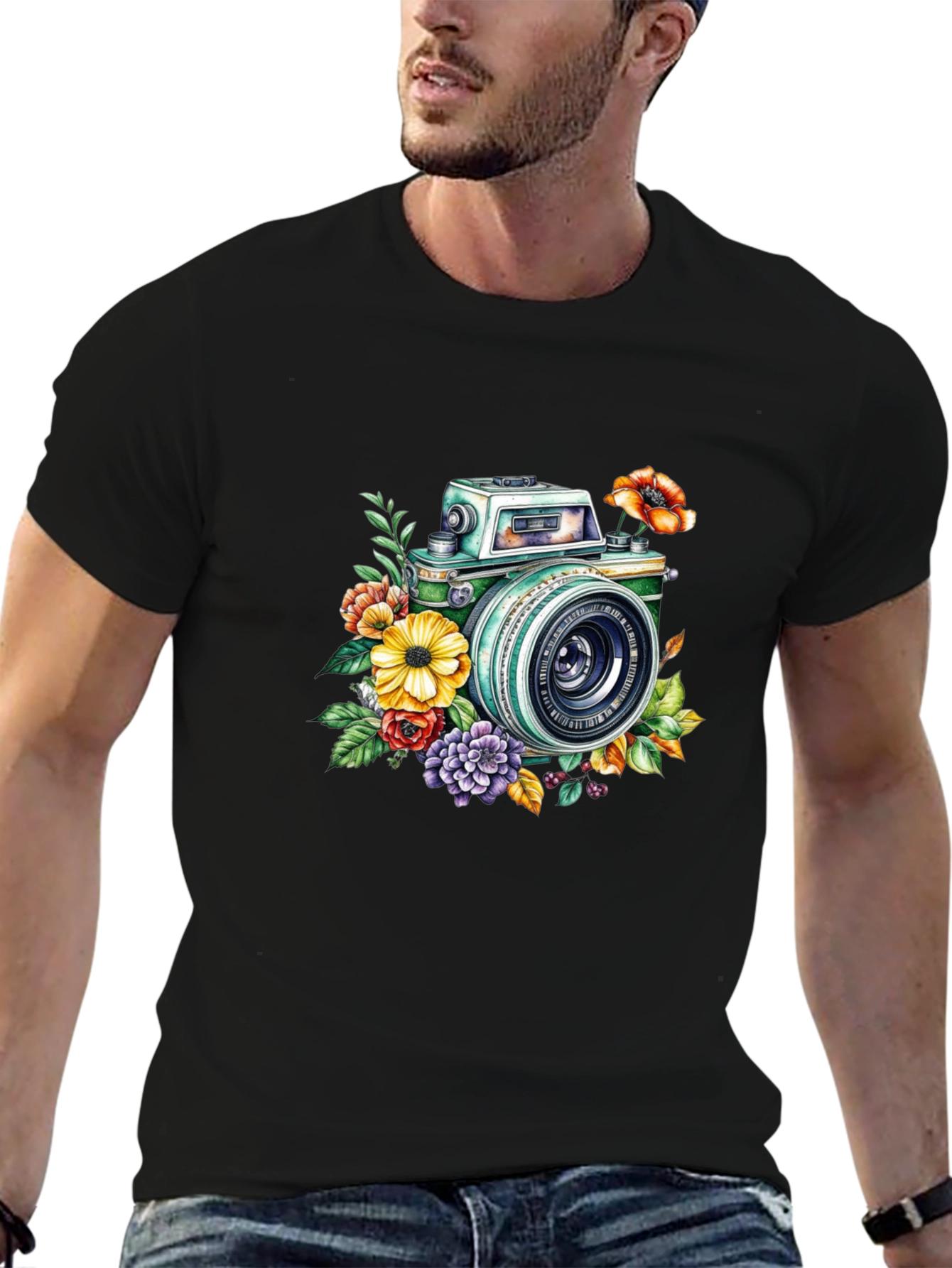 Black Floral Camera Graphic Tee - Vintage Style view 6
