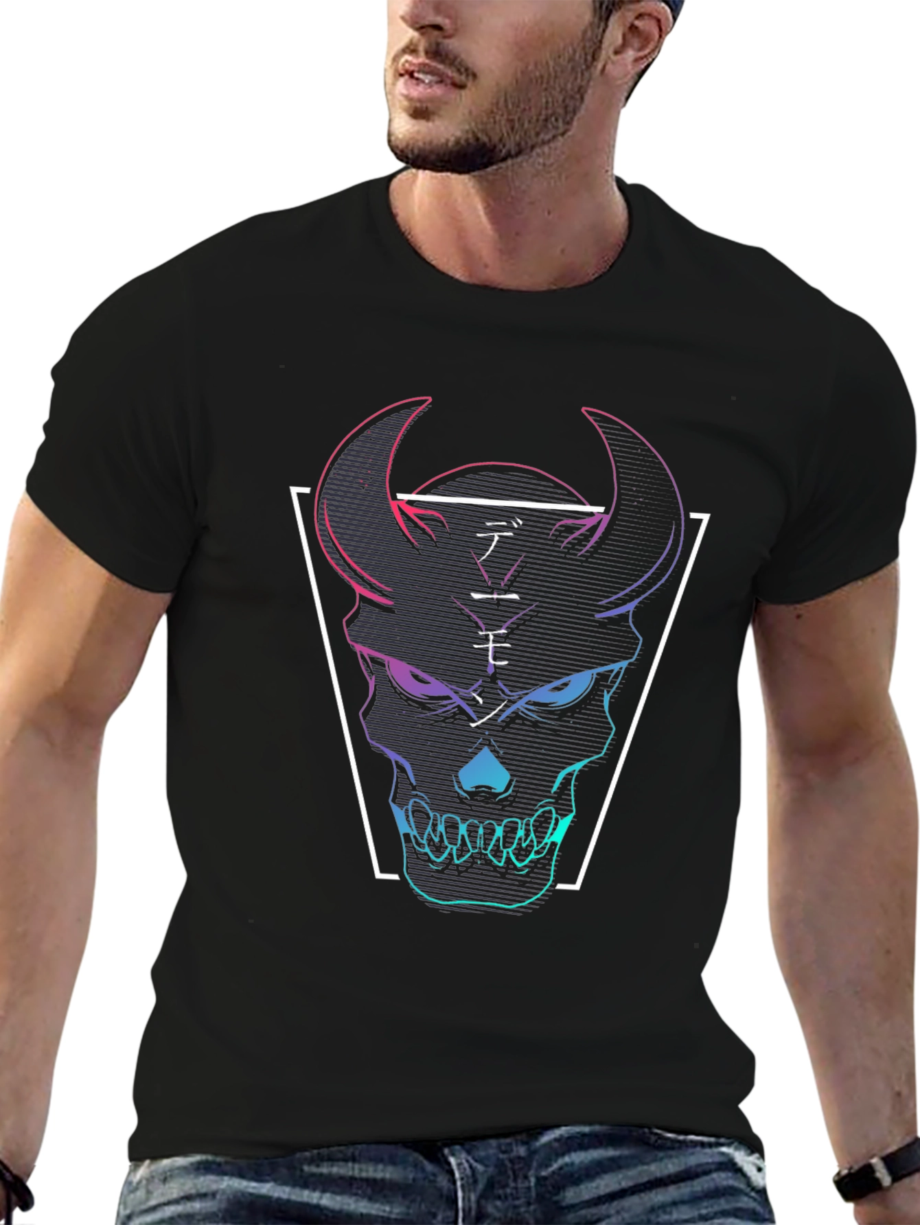 Black Neon Demon Skull Graphic Tee - Black Cotton T-Shirt view 6