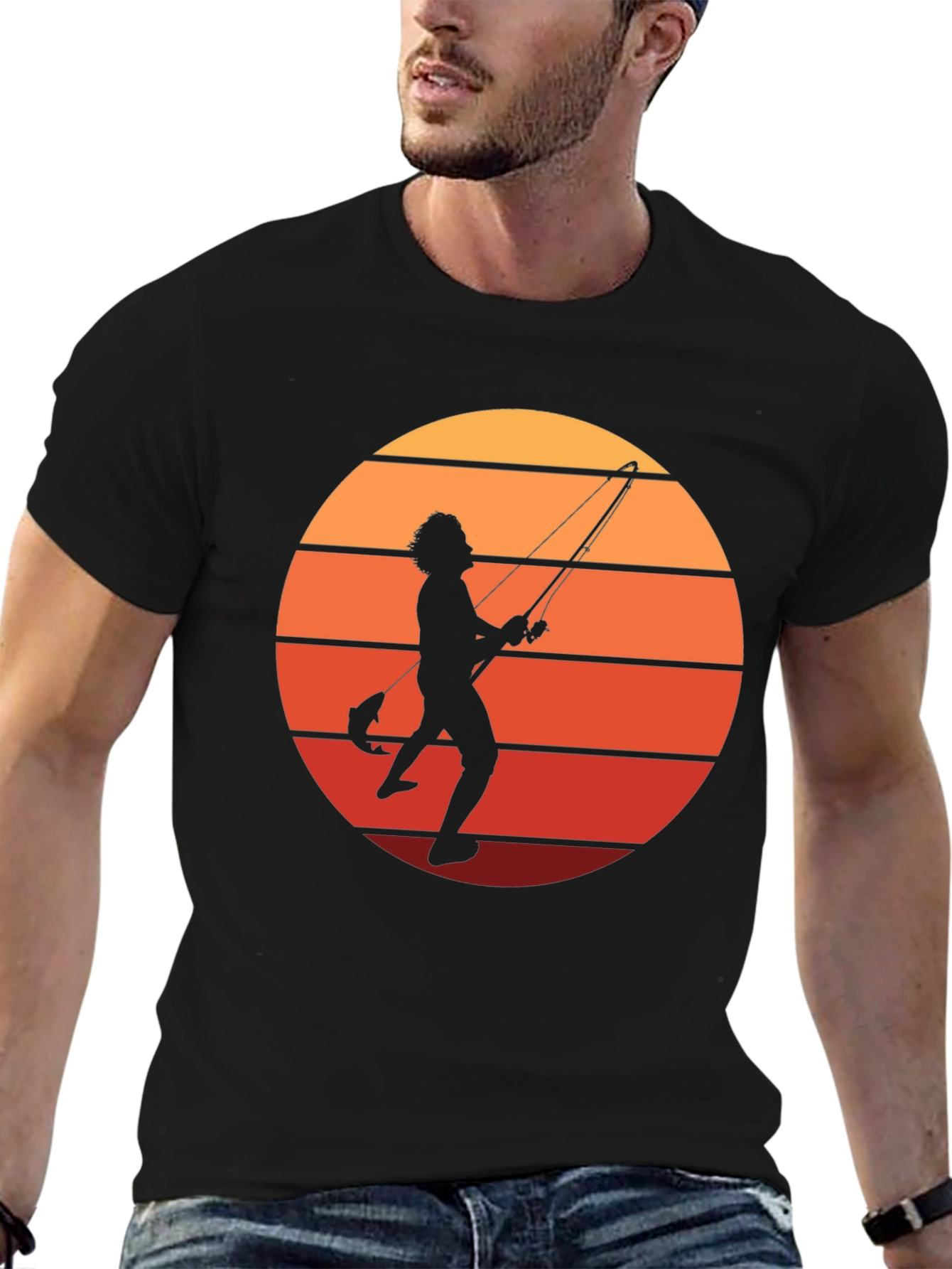 Black Retro Fishing T-Shirt - Sunset Silhouette view 6