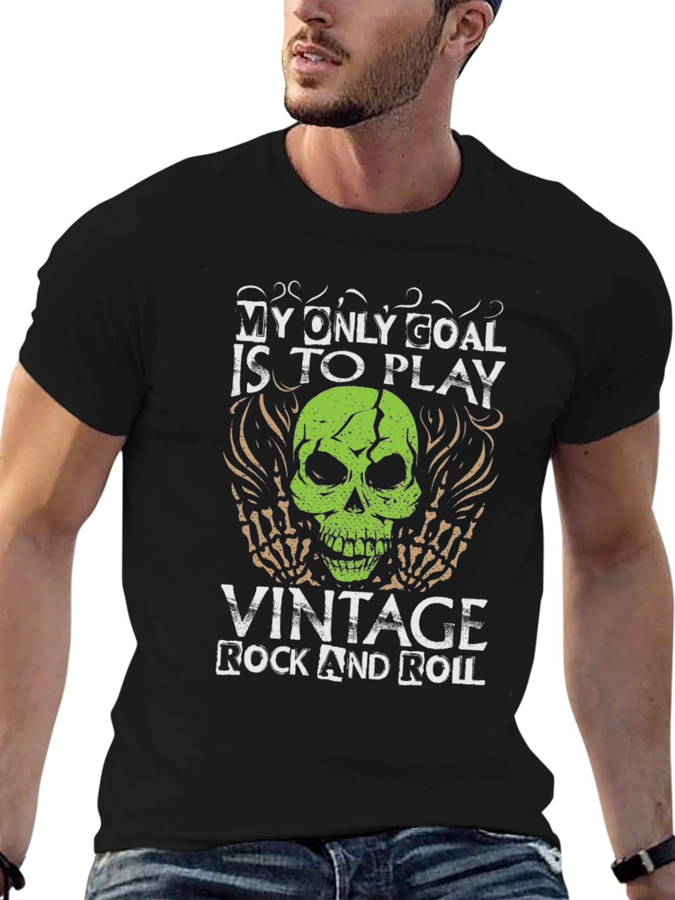 Black Vintage Rock & Roll Skull Graphic Tee view 6