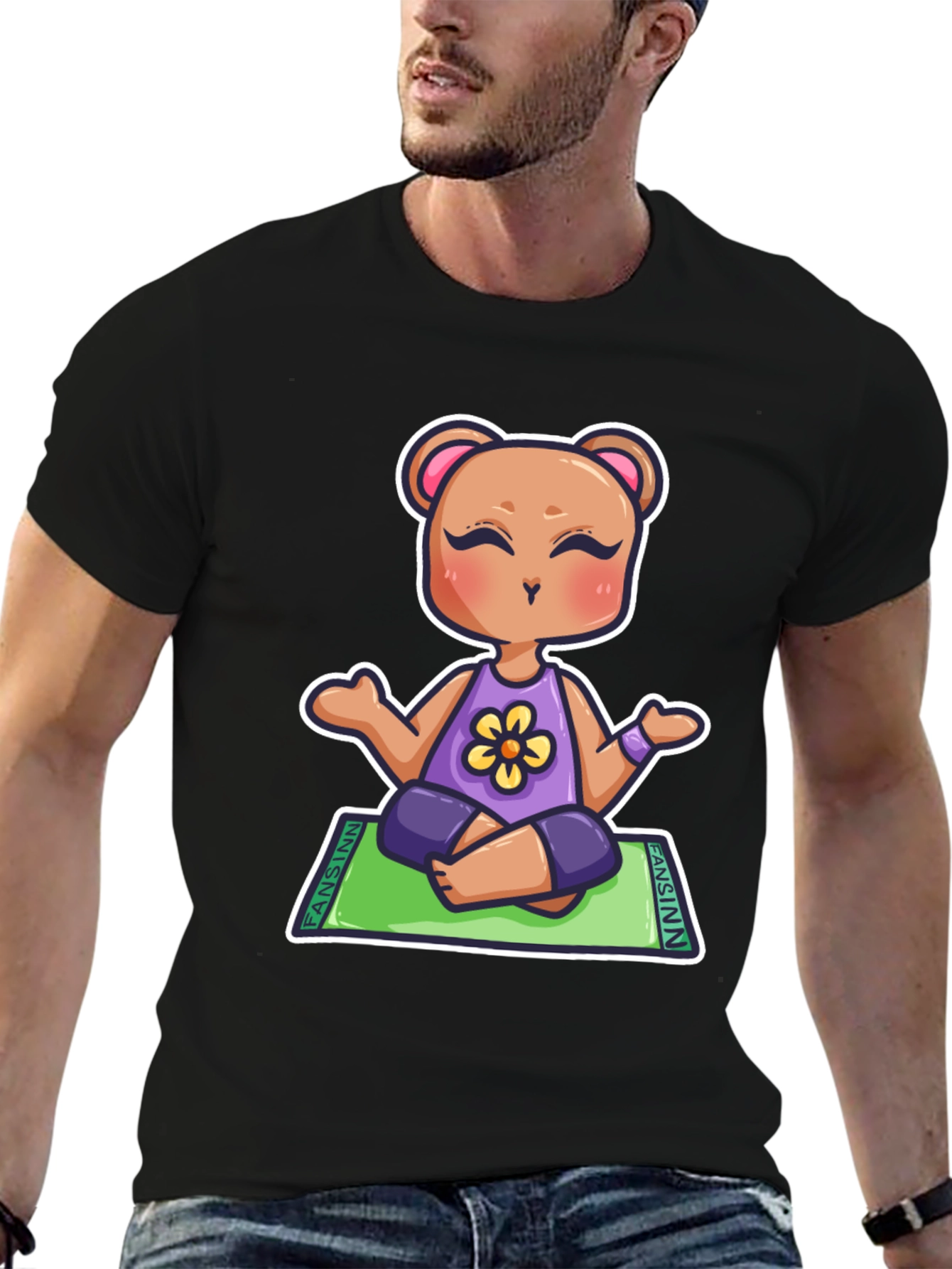 Black Yoga Bear Cartoon T-Shirt view 6