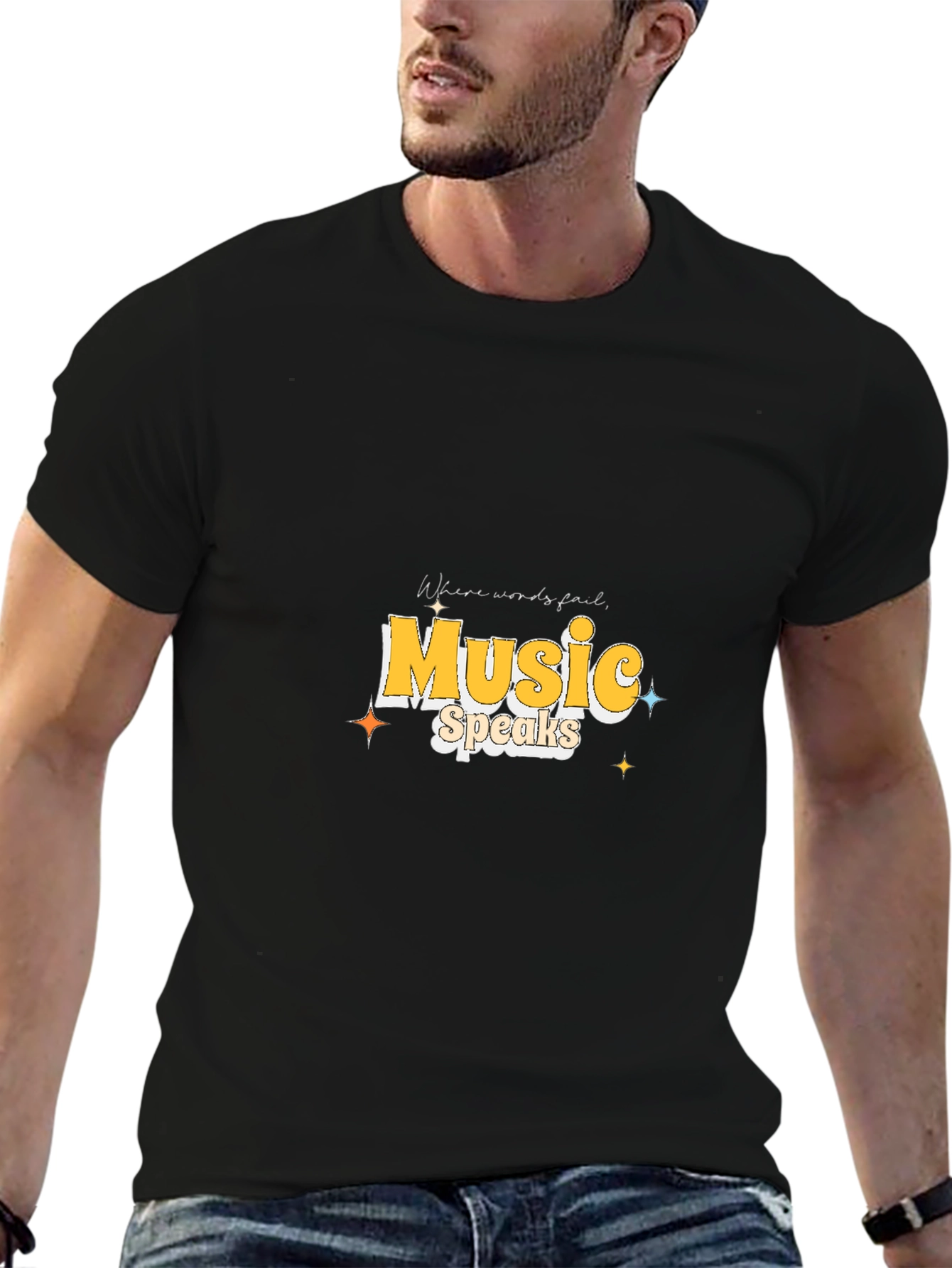 Black Music Speaks Graphic Tee - Black Cotton T-Shirt view 6