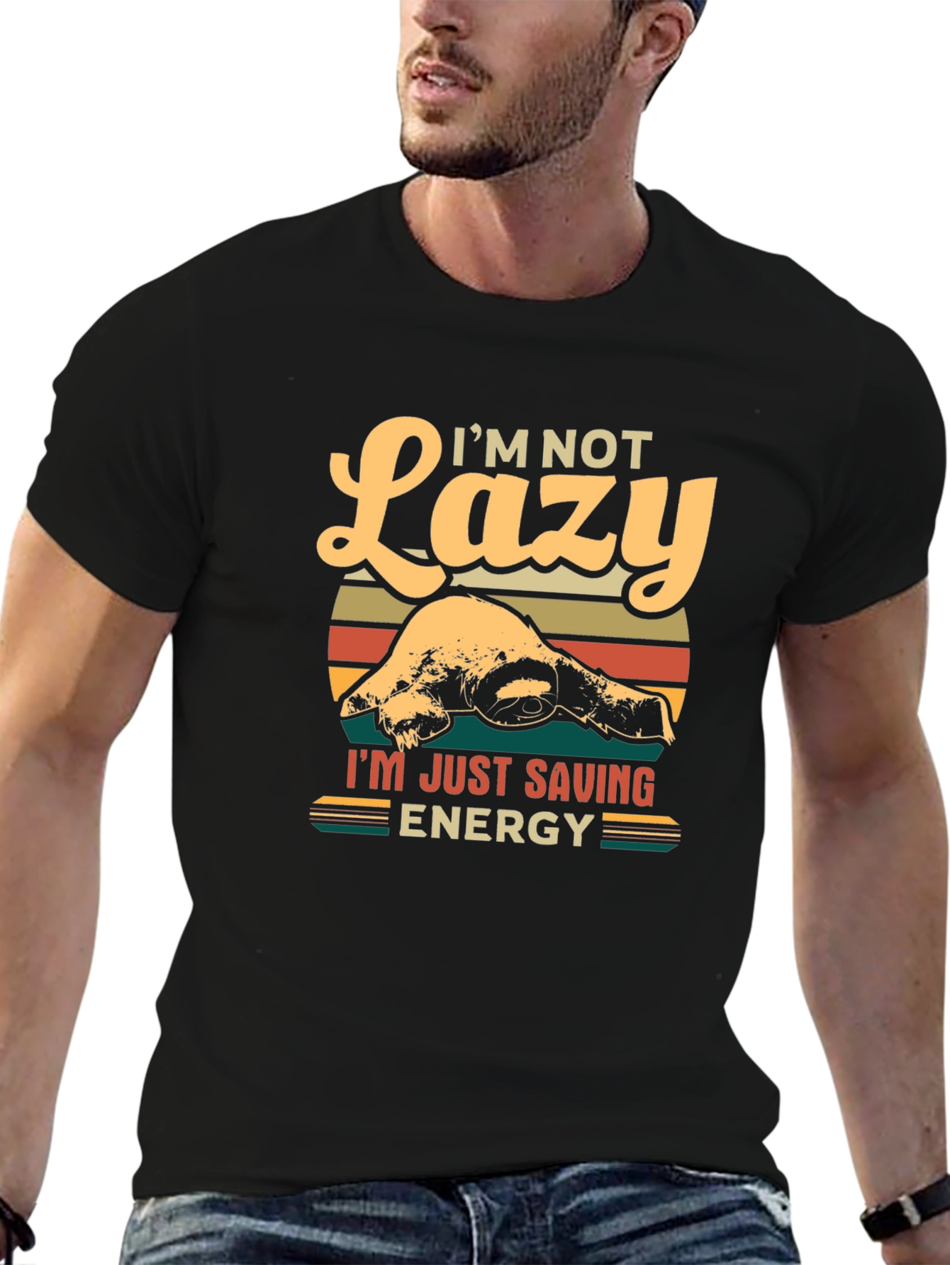 Black Lazy Sloth Energy Saving Graphic T-Shirt view 6