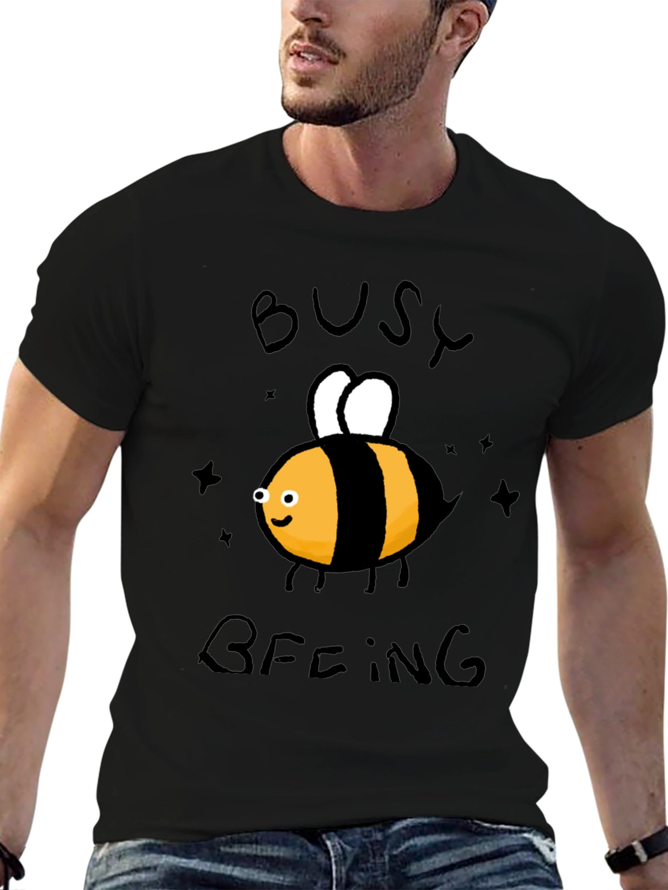 Black Busy Beeing T-Shirt - Black Crew Neck Graphic Tee view 6
