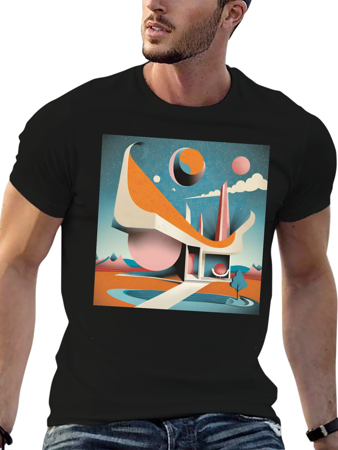 Black Retro Futuristic T-Shirt: Modernist Architectural Design view 6
