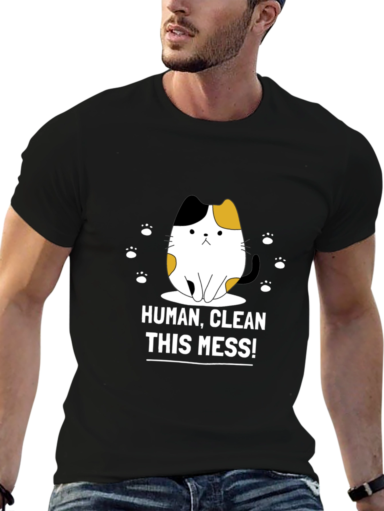 Black Funny Cat Graphic T-Shirt - Clean This Mess! view 6