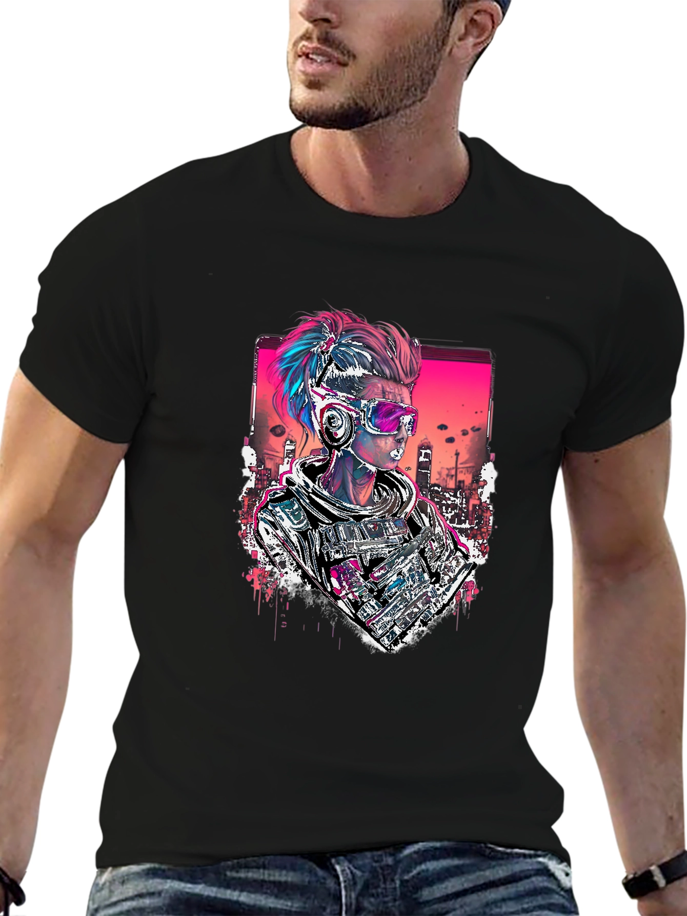 Black Cyberpunk Soldier Graphic Black Tee view 6