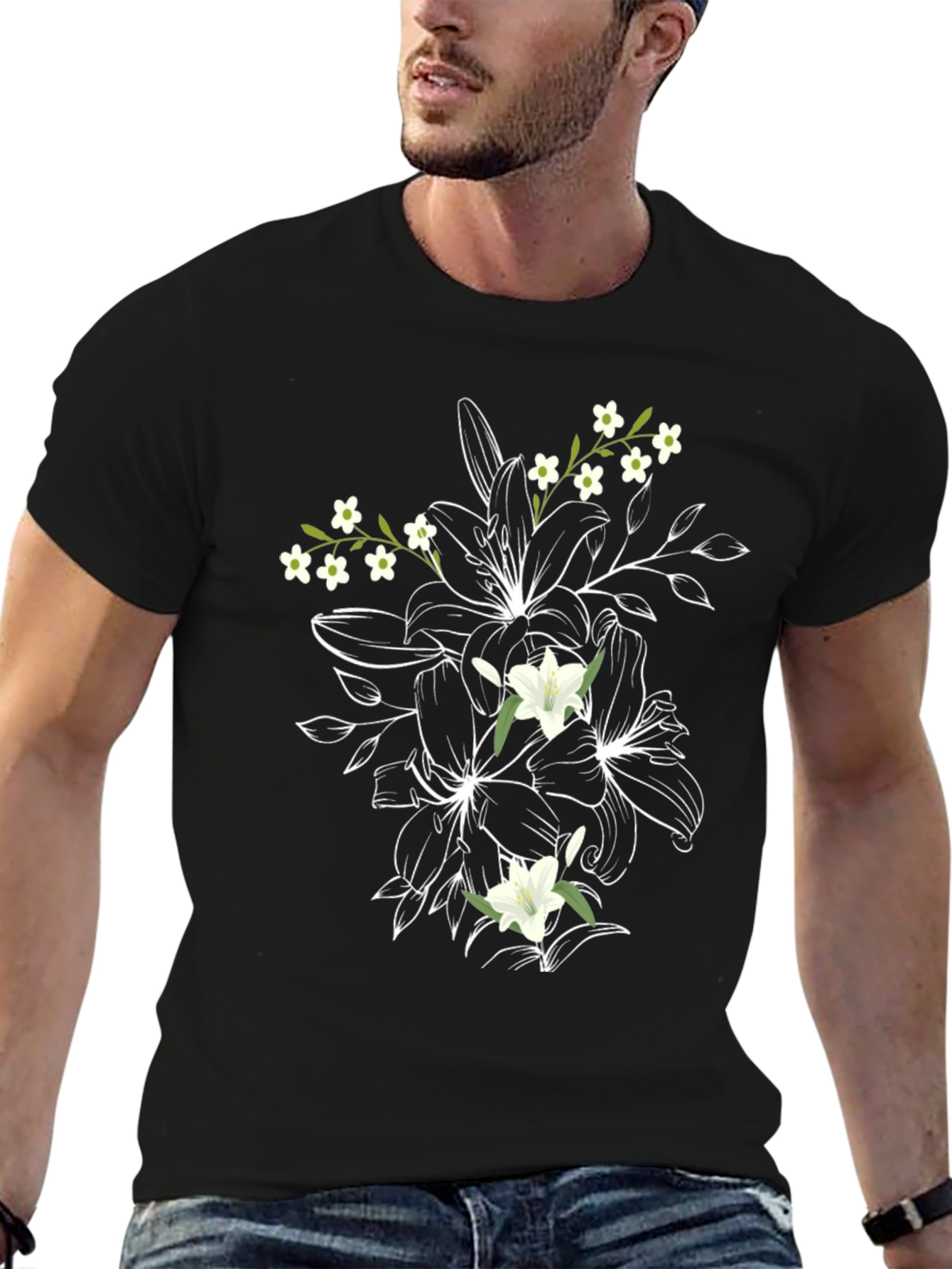 Black Floral Print T-Shirt: Black Cotton Tee with Lily Design view 6
